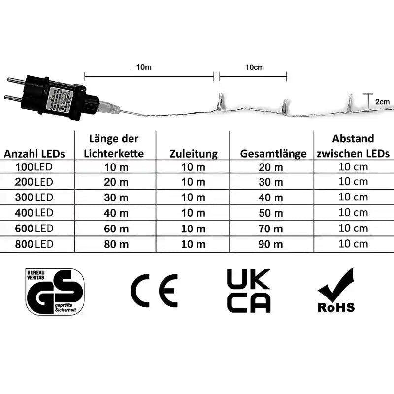 100 LED Warmweiß Lichterkette Strombetrieben Innen Außen