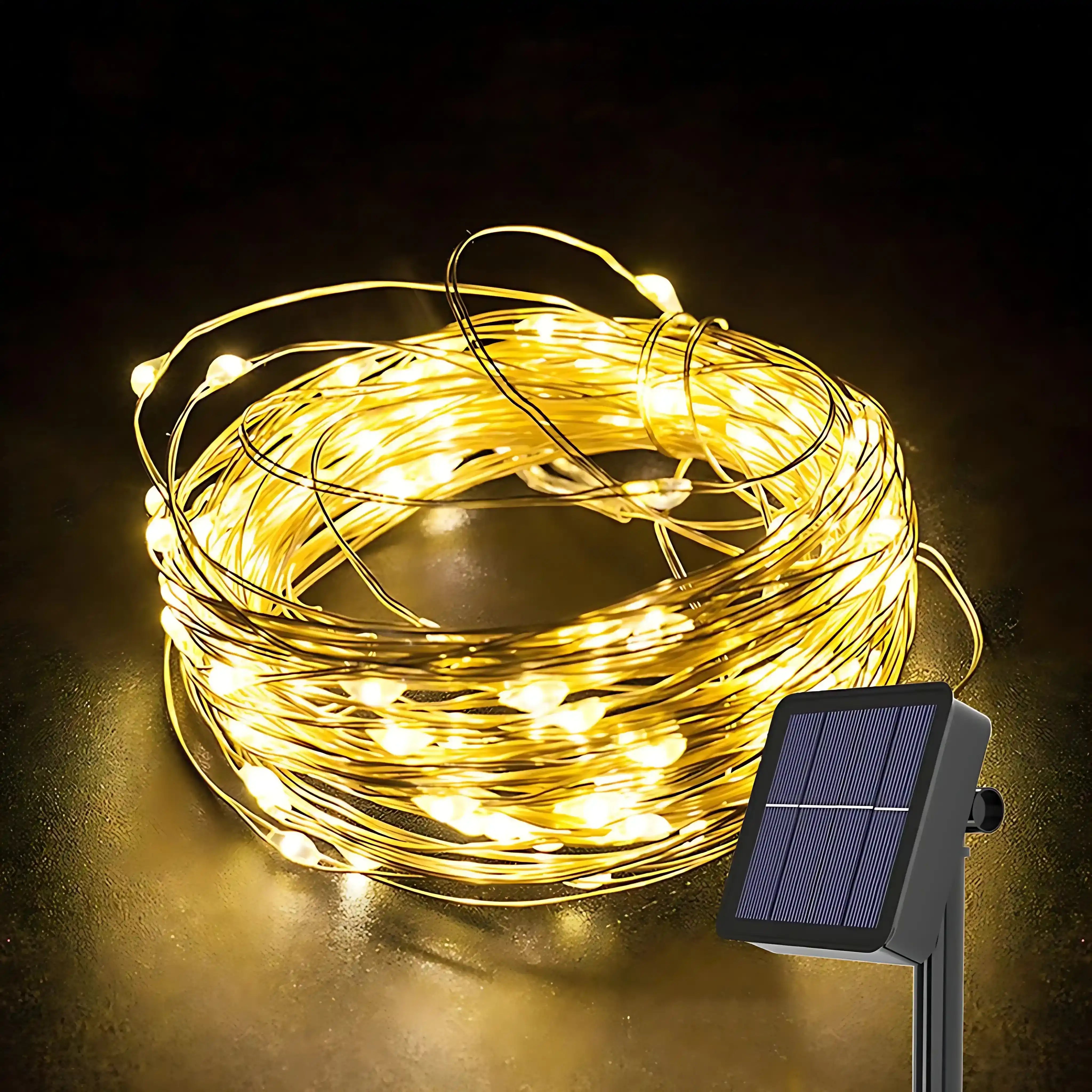 100 LED Solar Kupferdraht Lichterkette 8 Modi Warmweiß Wasserdicht für Garten Terrasse Balkon