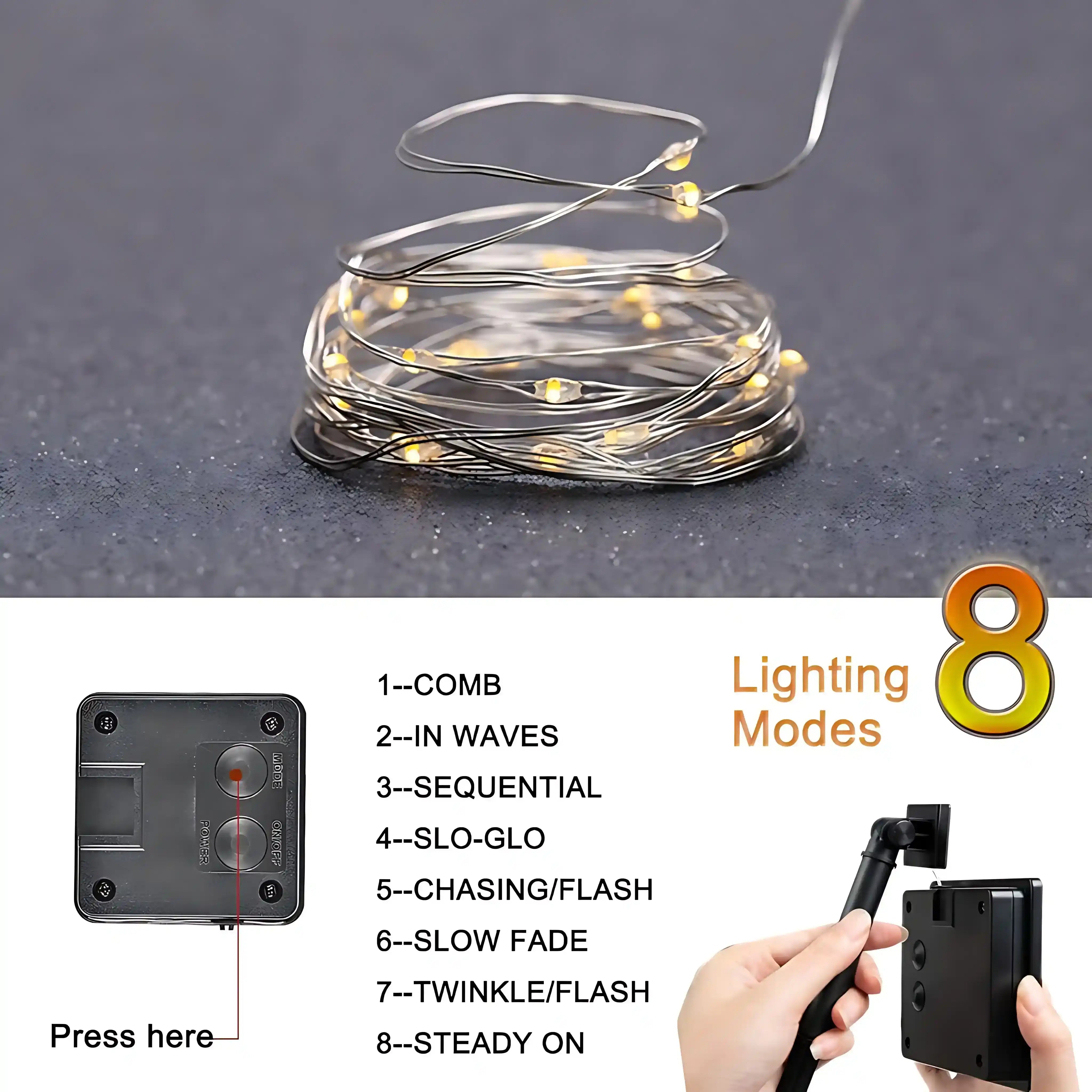 100 LED Solar Kupferdraht Lichterkette 8 Modi Warmweiß Wasserdicht für Garten Terrasse Balkon