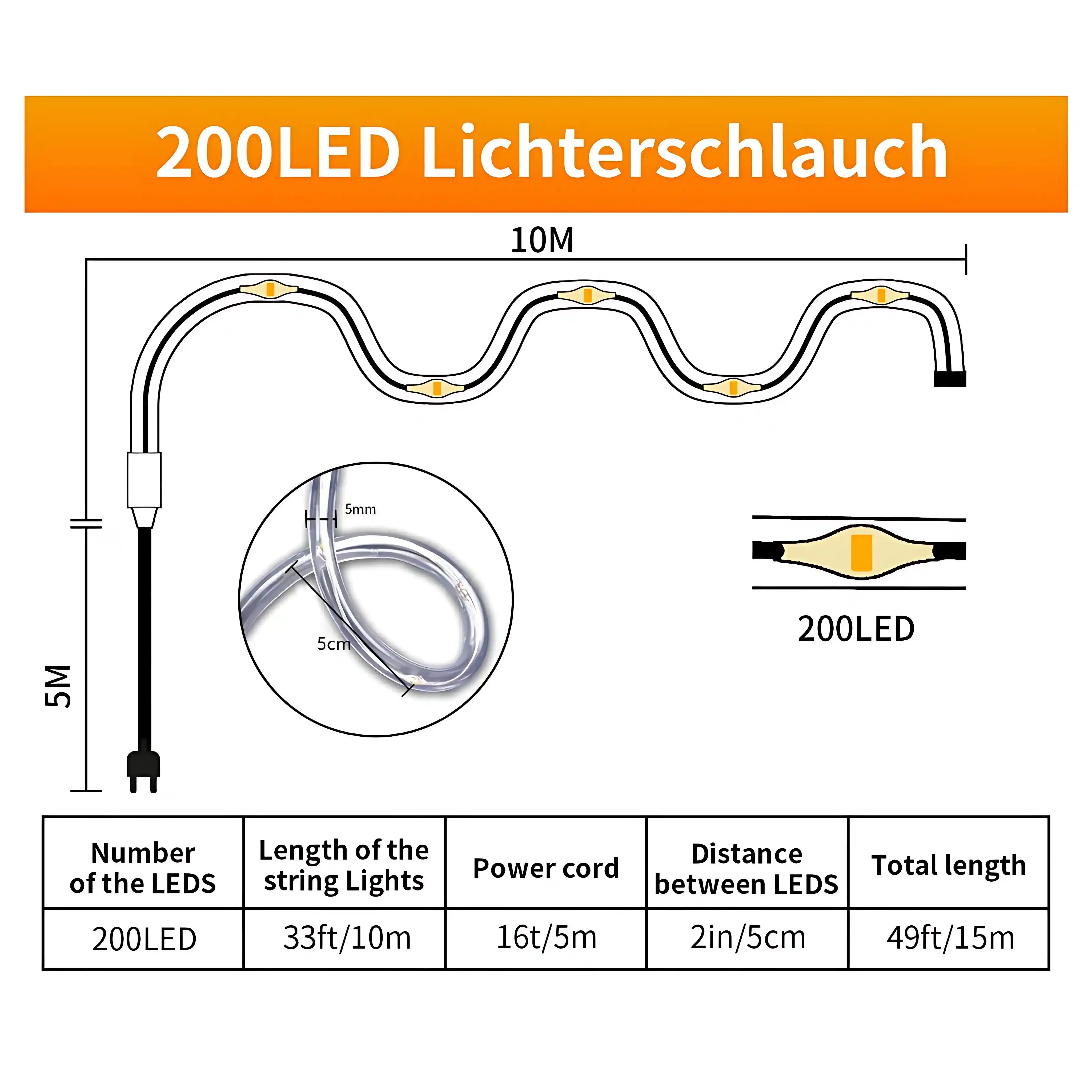 200er LED Lichterschlauch Bunt 8 Modi Strombetrieb für Innen und Außen