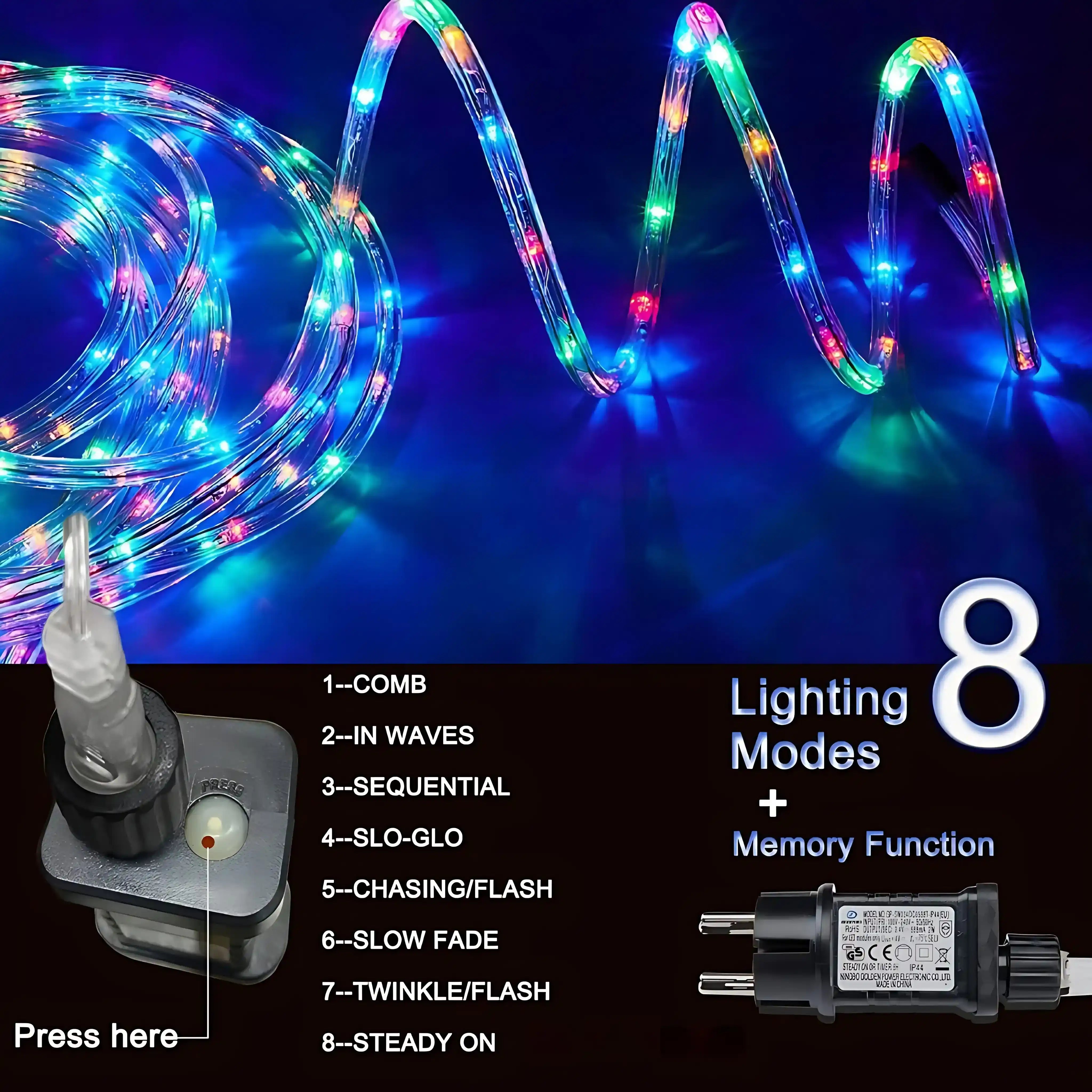 200er LED Lichterschlauch Bunt 8 Modi Strombetrieb für Innen und Außen