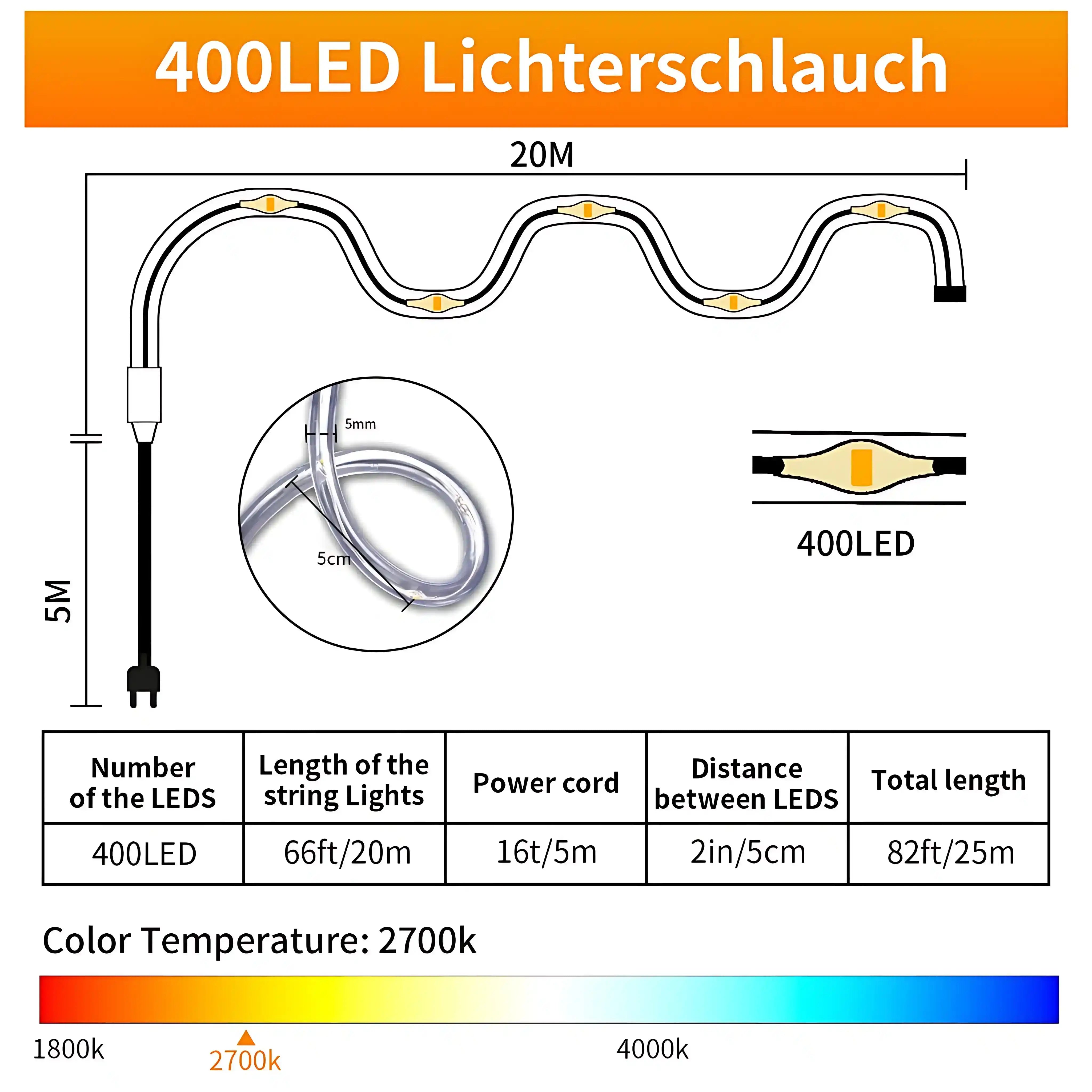 400er LED Lichterschlauch Strombetrieb Warmweiß für Innen und Außen