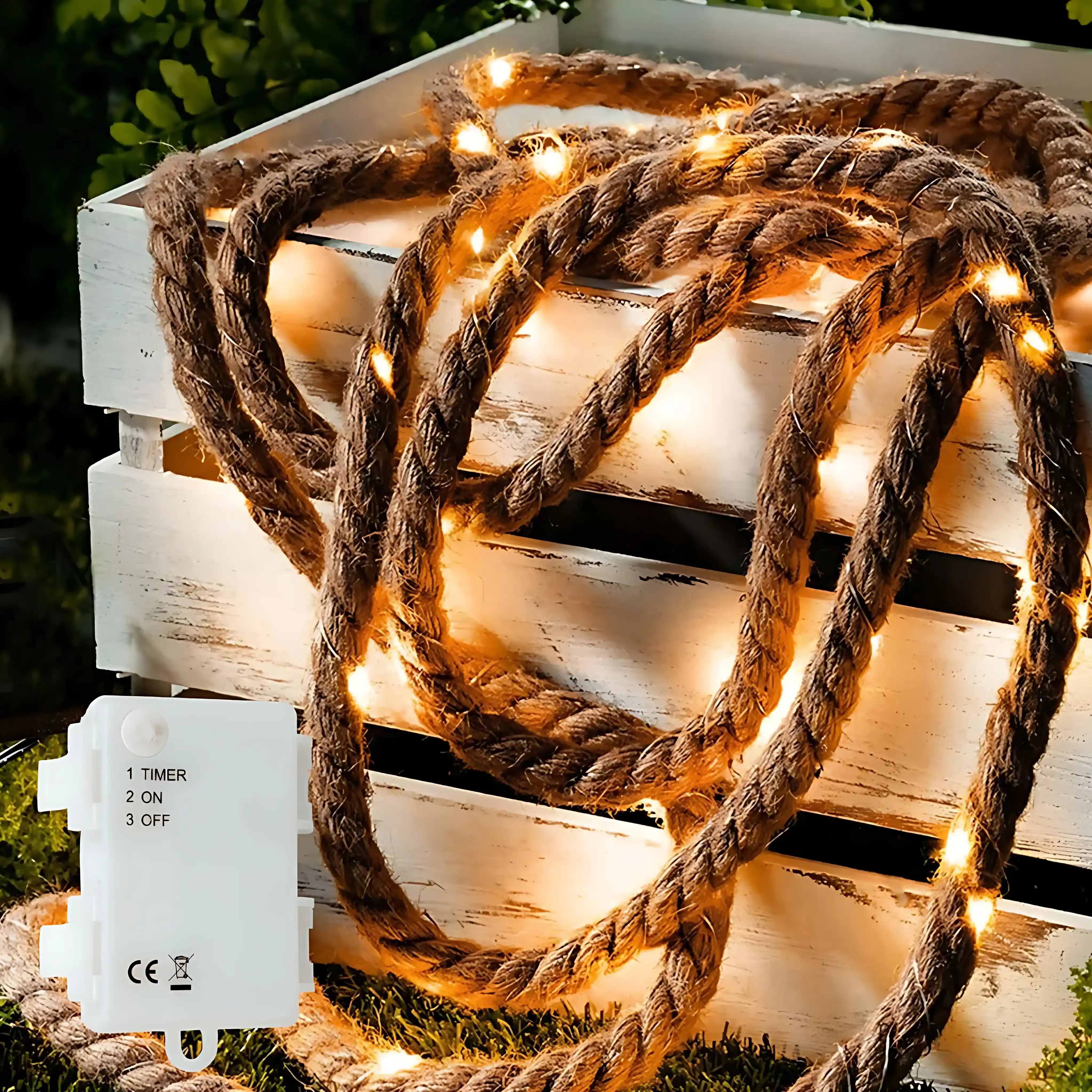25 LED 2m Lichterkette Batteriebetrieben Timer Juteseil Warmweiß Wasserdicht