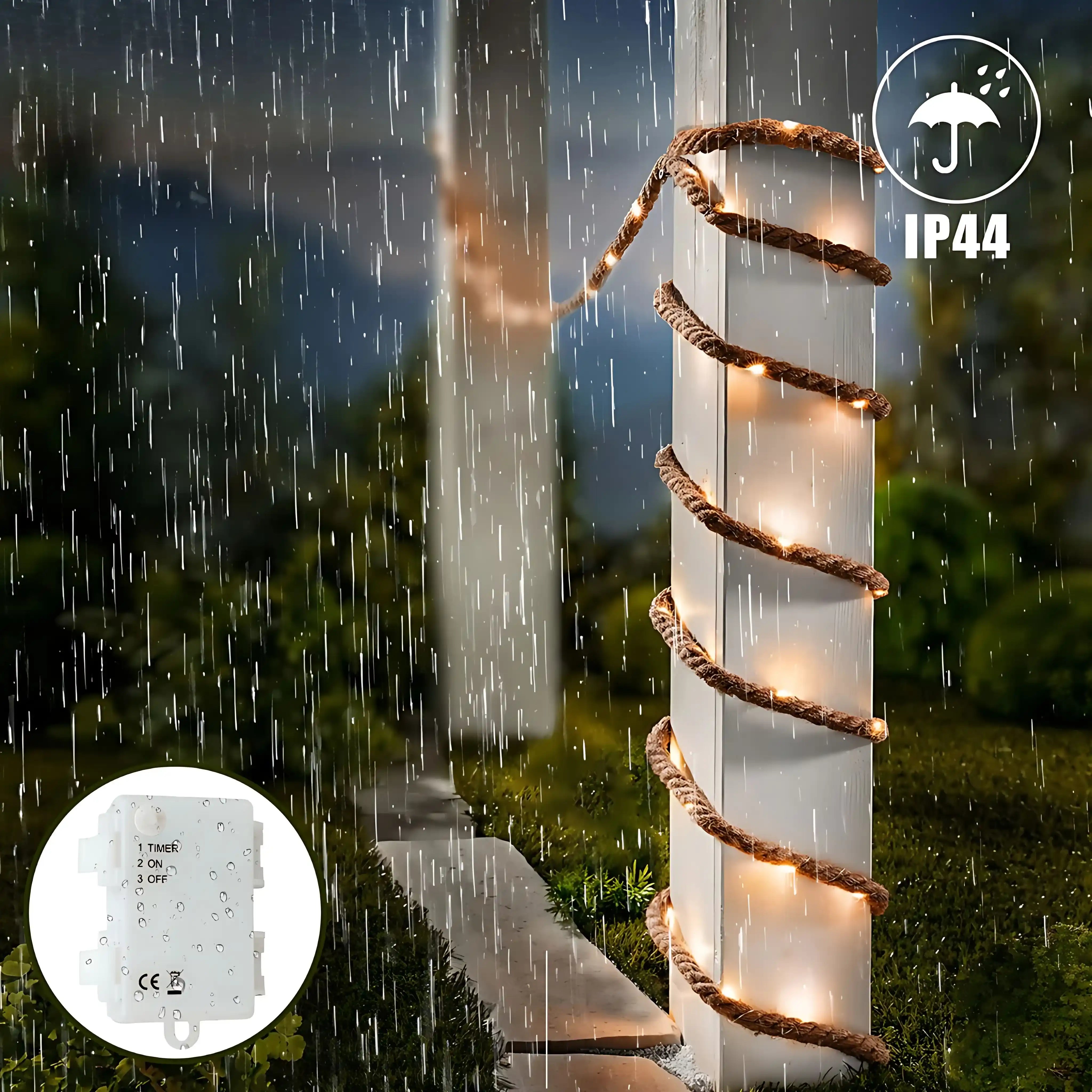 25 LED 2m Lichterkette Batteriebetrieben Timer Juteseil Warmweiß Wasserdicht