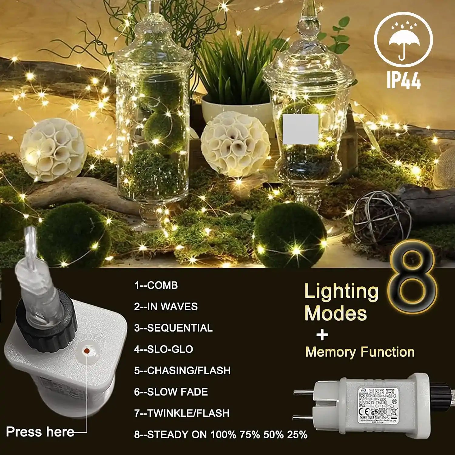 200 LED 8 Modi Warmweiß Silberdraht Lichterkette Strombetrieben Timer Dimmbar Innen Außen