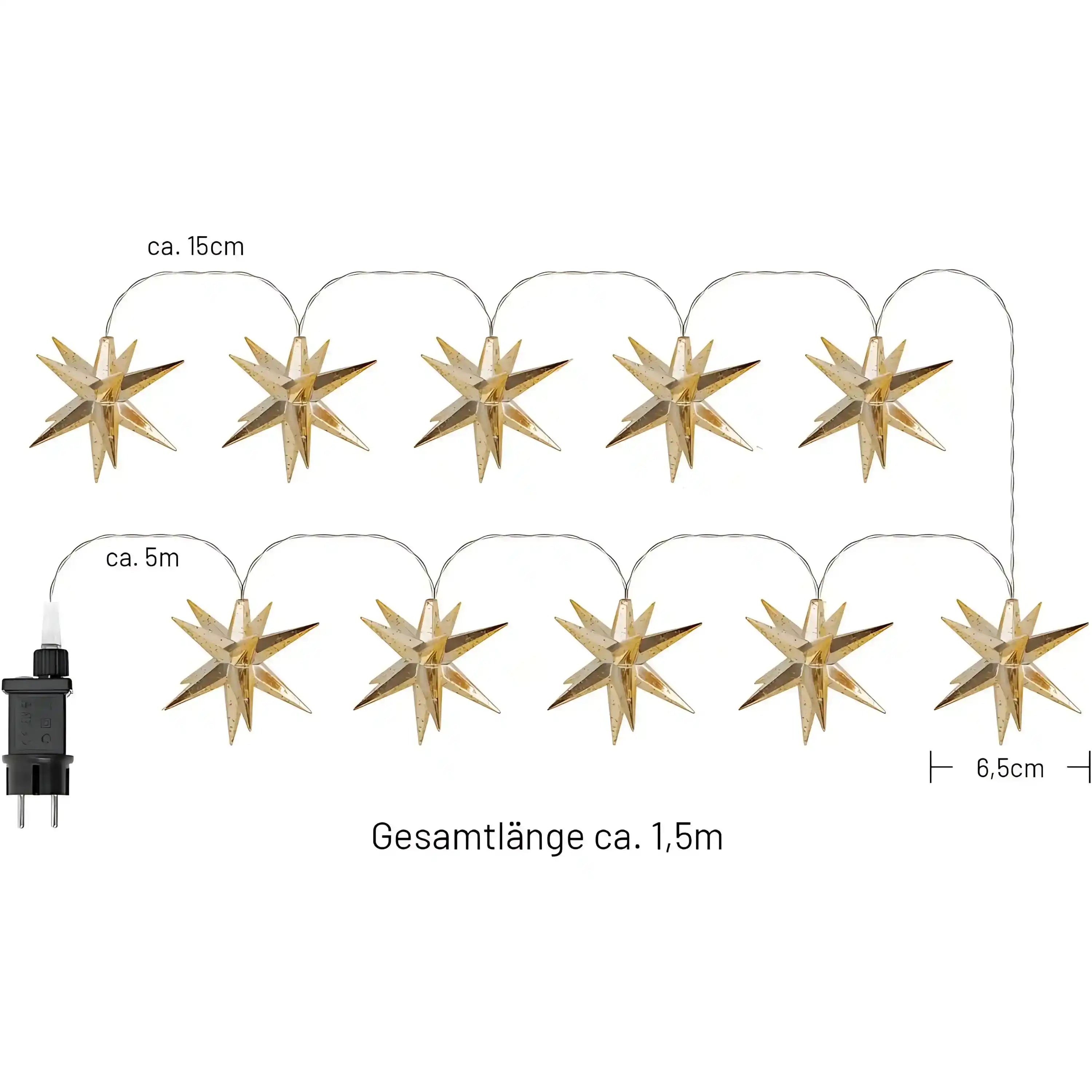 12cm 10er LED Weihnachtsstern Lichterkette Strombetrieb Gold für Innen und Außen