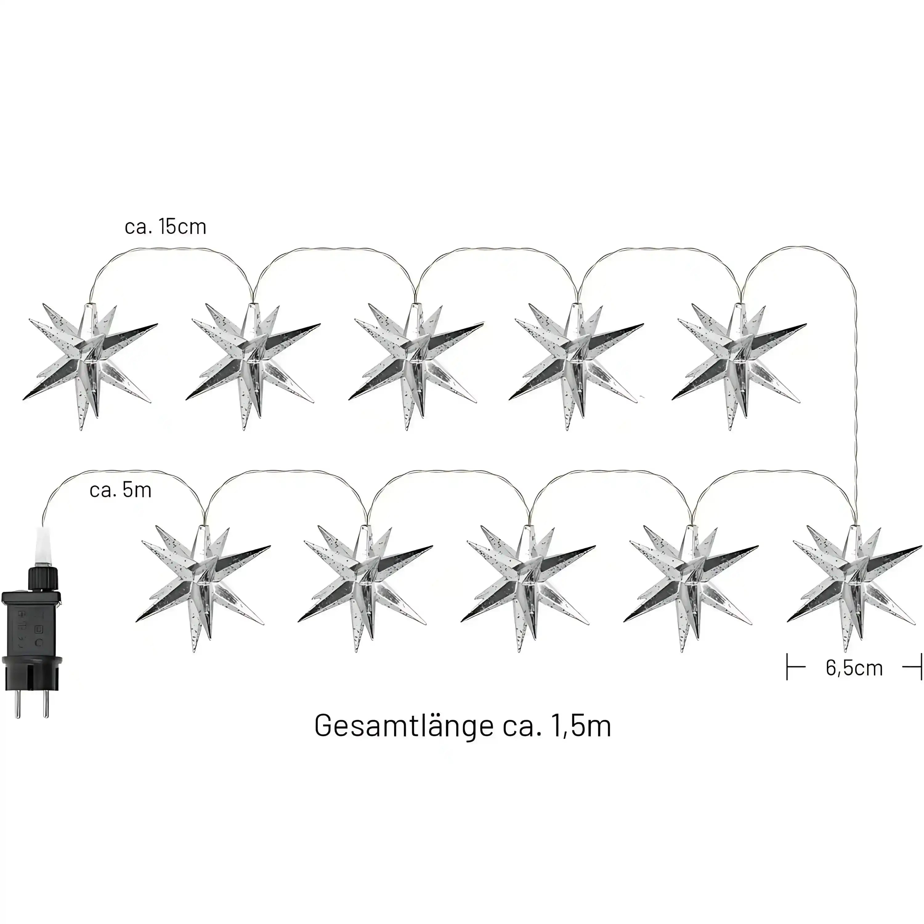 6.5cm 10er LED Weihnachtsstern Lichterkette Strombetrieb Silber für Innen und Außen