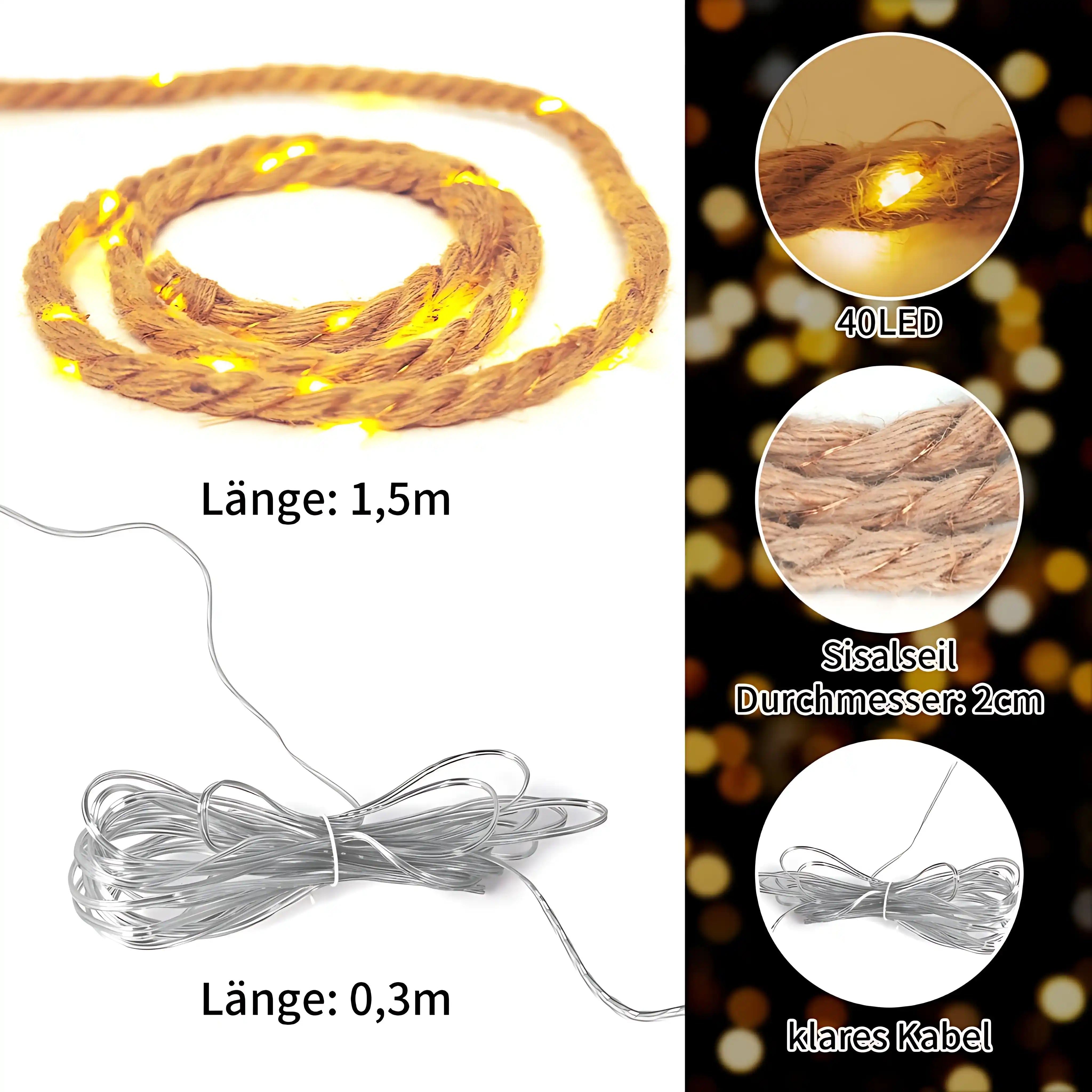 40 LED 1,5m Lichterkette Batteriebetrieben Timer Juteseil Warmweiß Wasserdicht