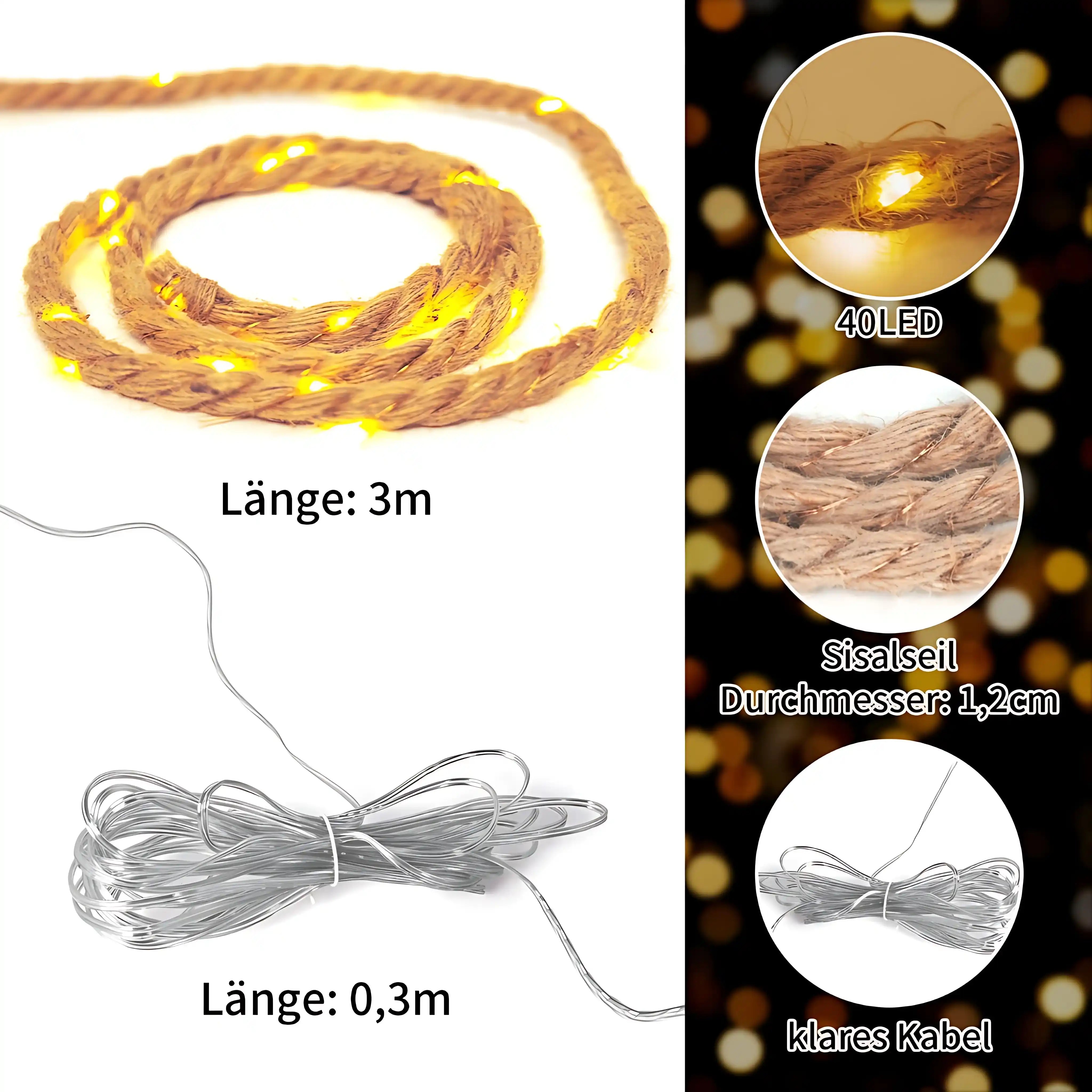 40 LED 3m Solar Lichterkette Juteseil Warmweiß Wasserdicht