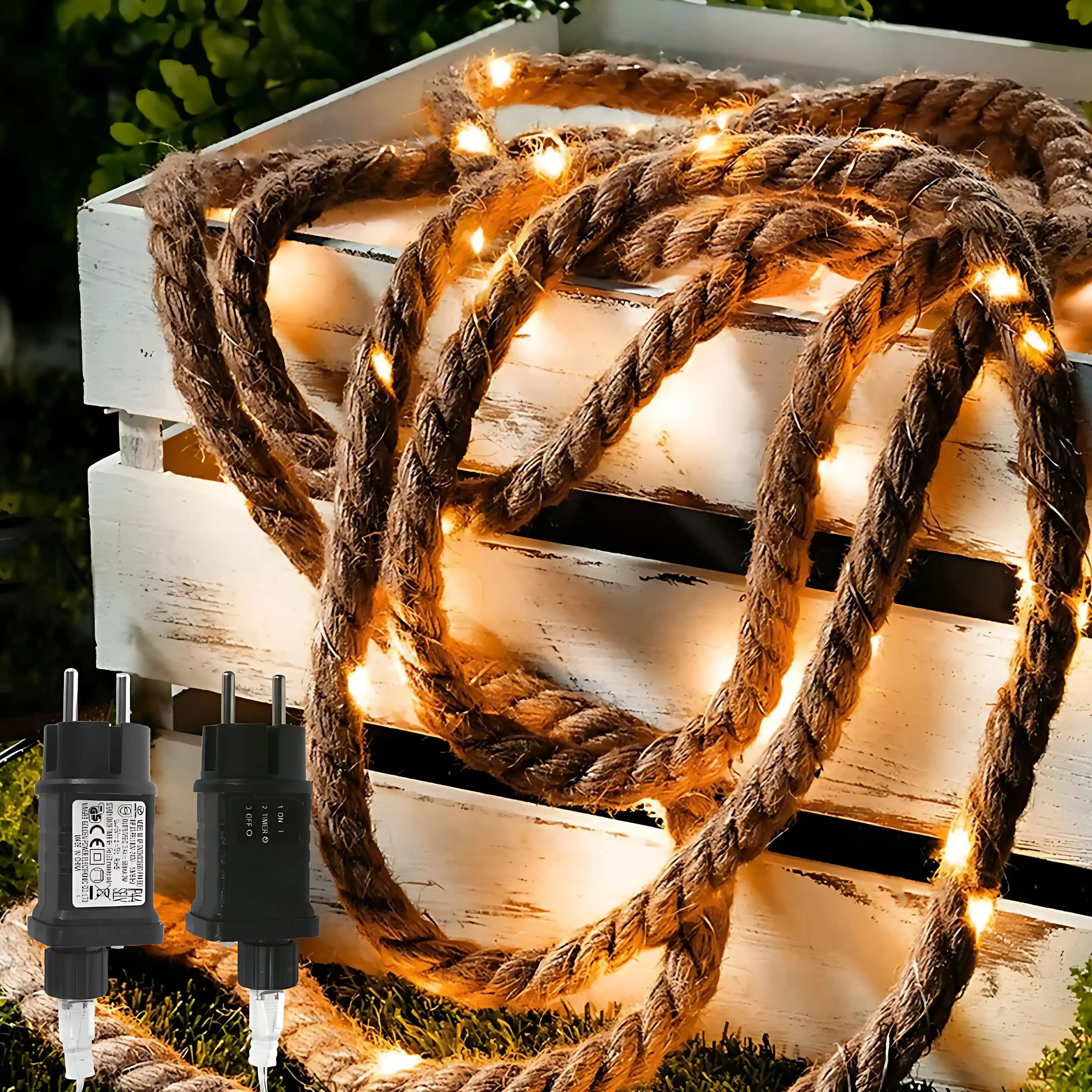 50 LED 4m Lichterkette mit Stecker Timer Juteseil Warmweiß