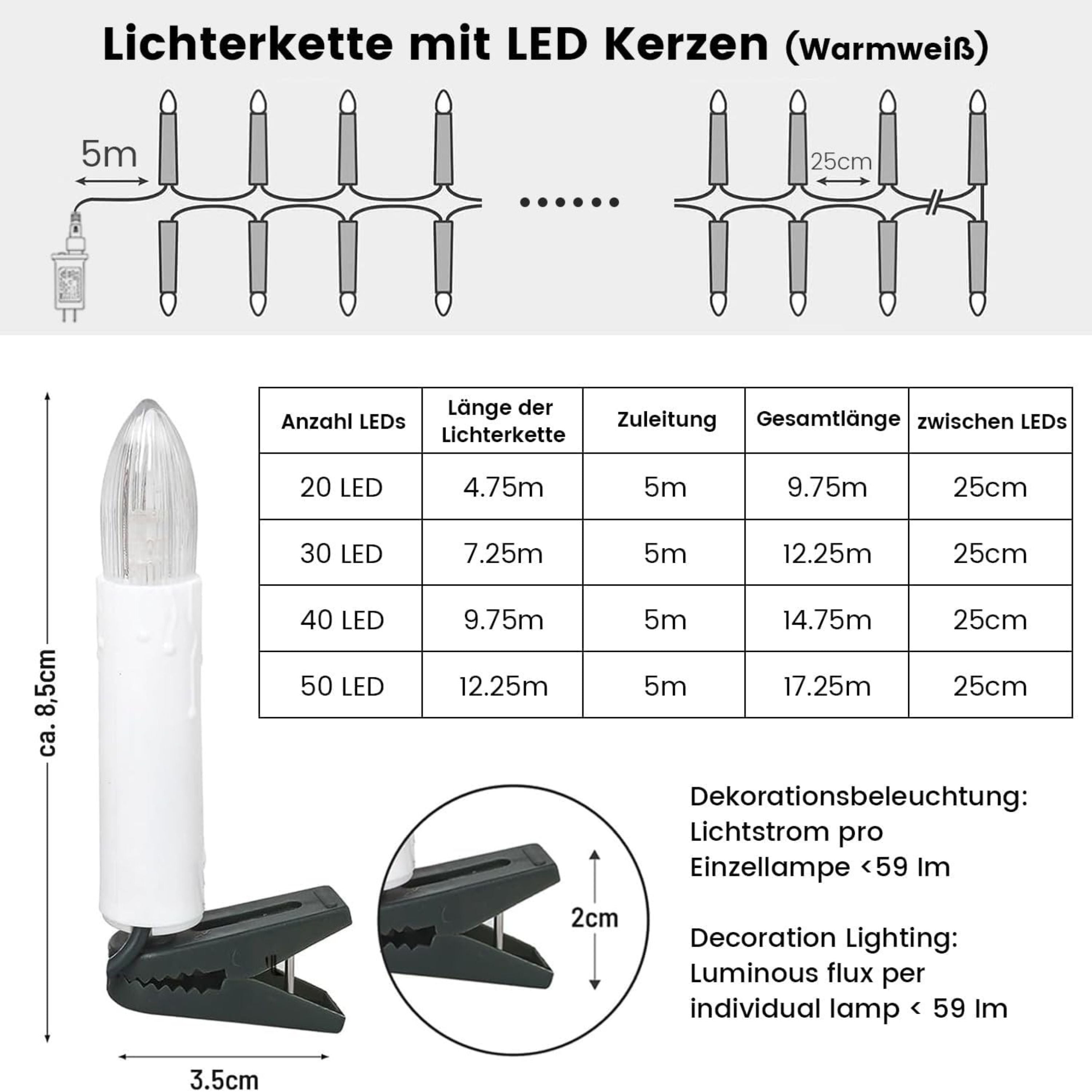30er LED Kerzen Lichterkette Warmweiß für Innen und Außen