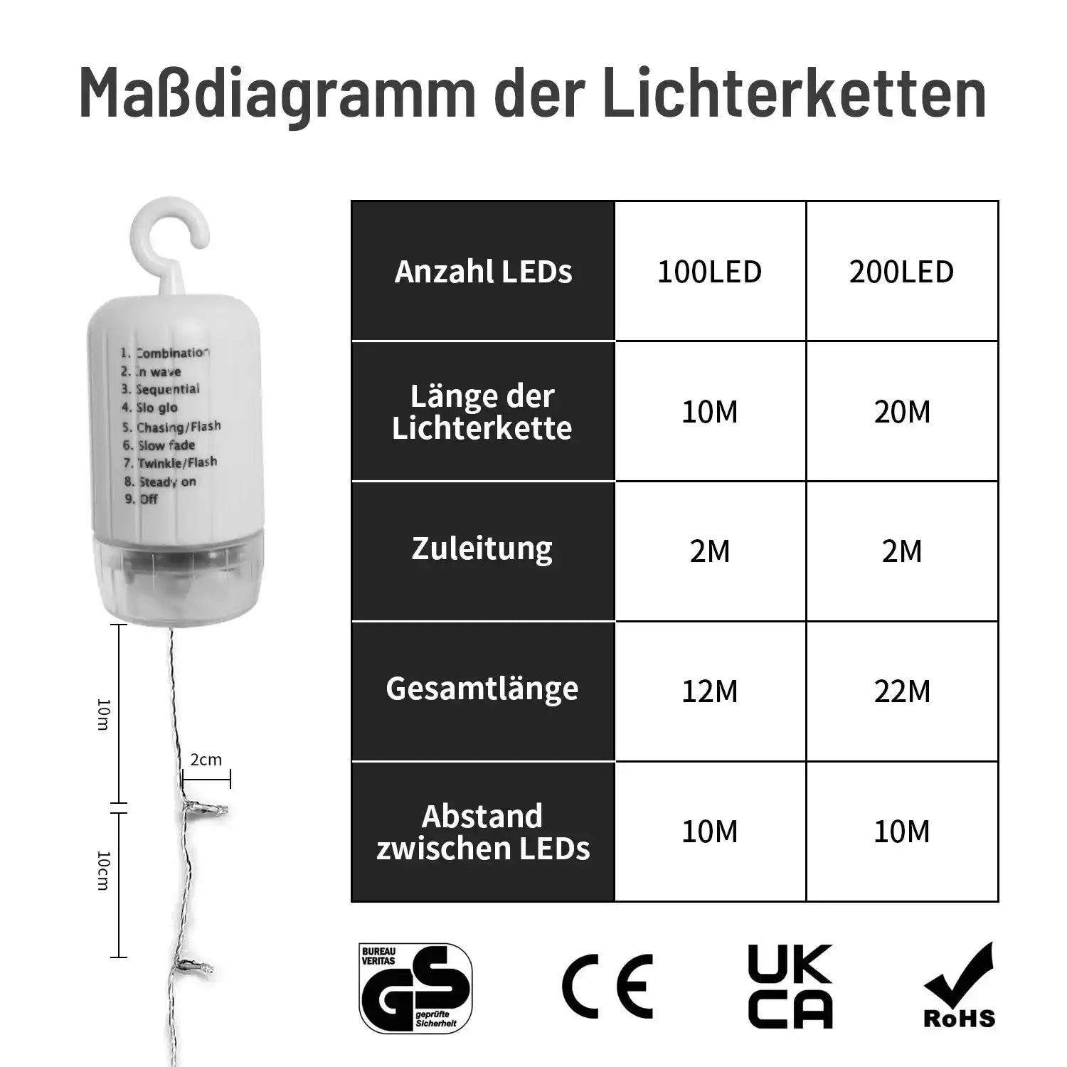 100 LED Warmweiß Lichterkette 8 Modi Batteriebetrieben Innen Außen IP44