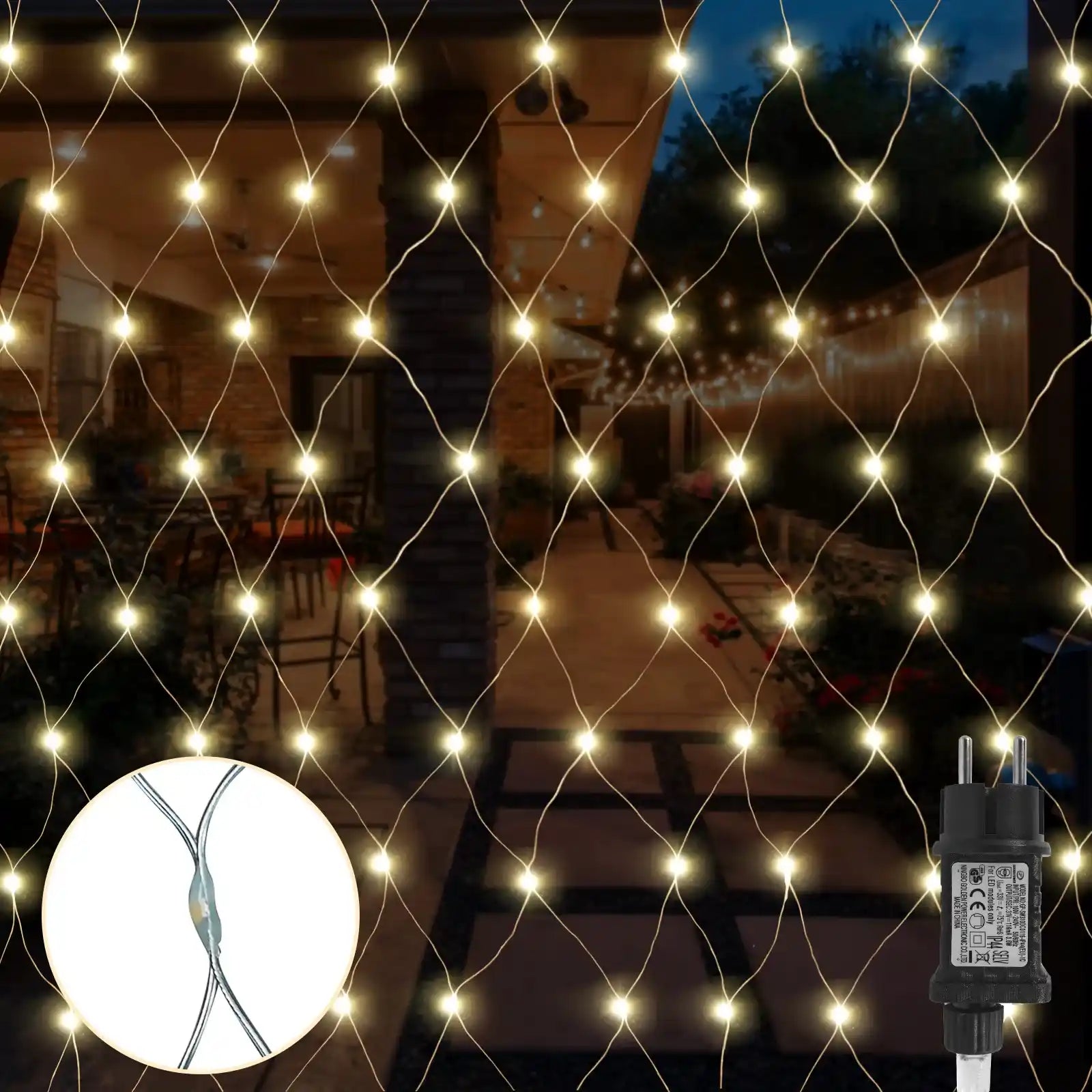 96 LED 1.5x1.5m Lichternetz Lichtervorhang Strombetrieben Warmweiß 8 Modi Innen Außen Weihnachtsdeko
