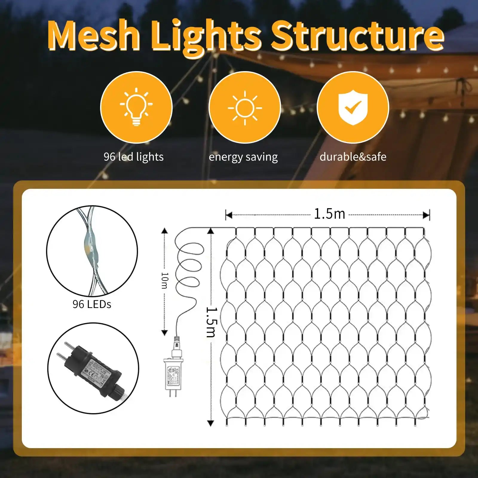 96 LED 1.5x1.5m Lichternetz Lichtervorhang Strombetrieben Warmweiß 8 Modi Innen Außen Weihnachtsdeko