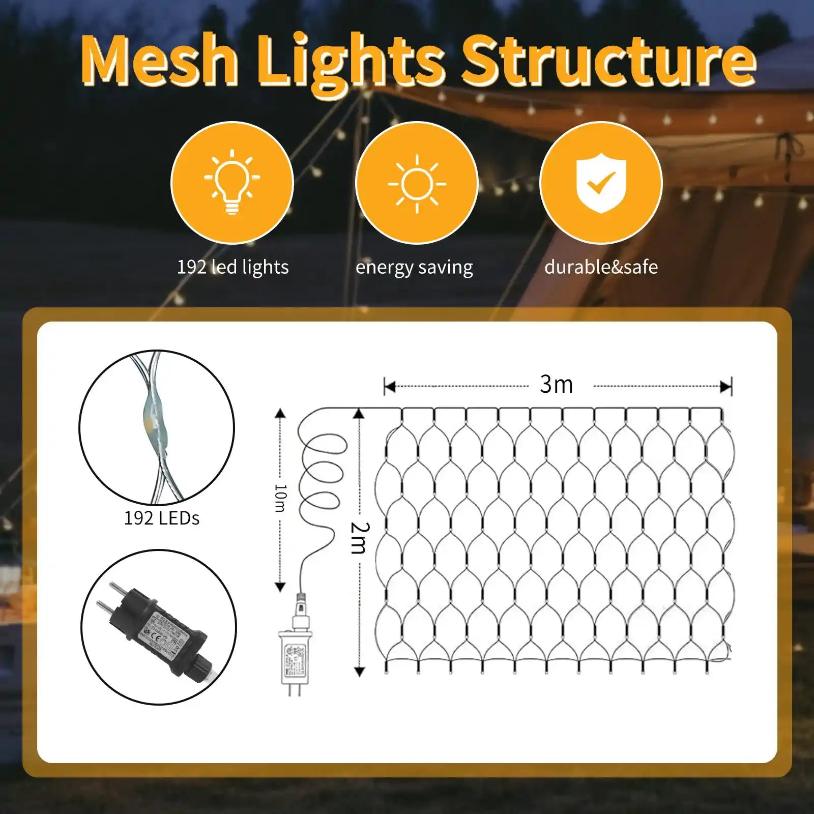 192 LED 2x3m Lichternetz Lichtervorhang Strombetrieben Warmweiß 8 Modi Innen Außen Weihnachtsdeko