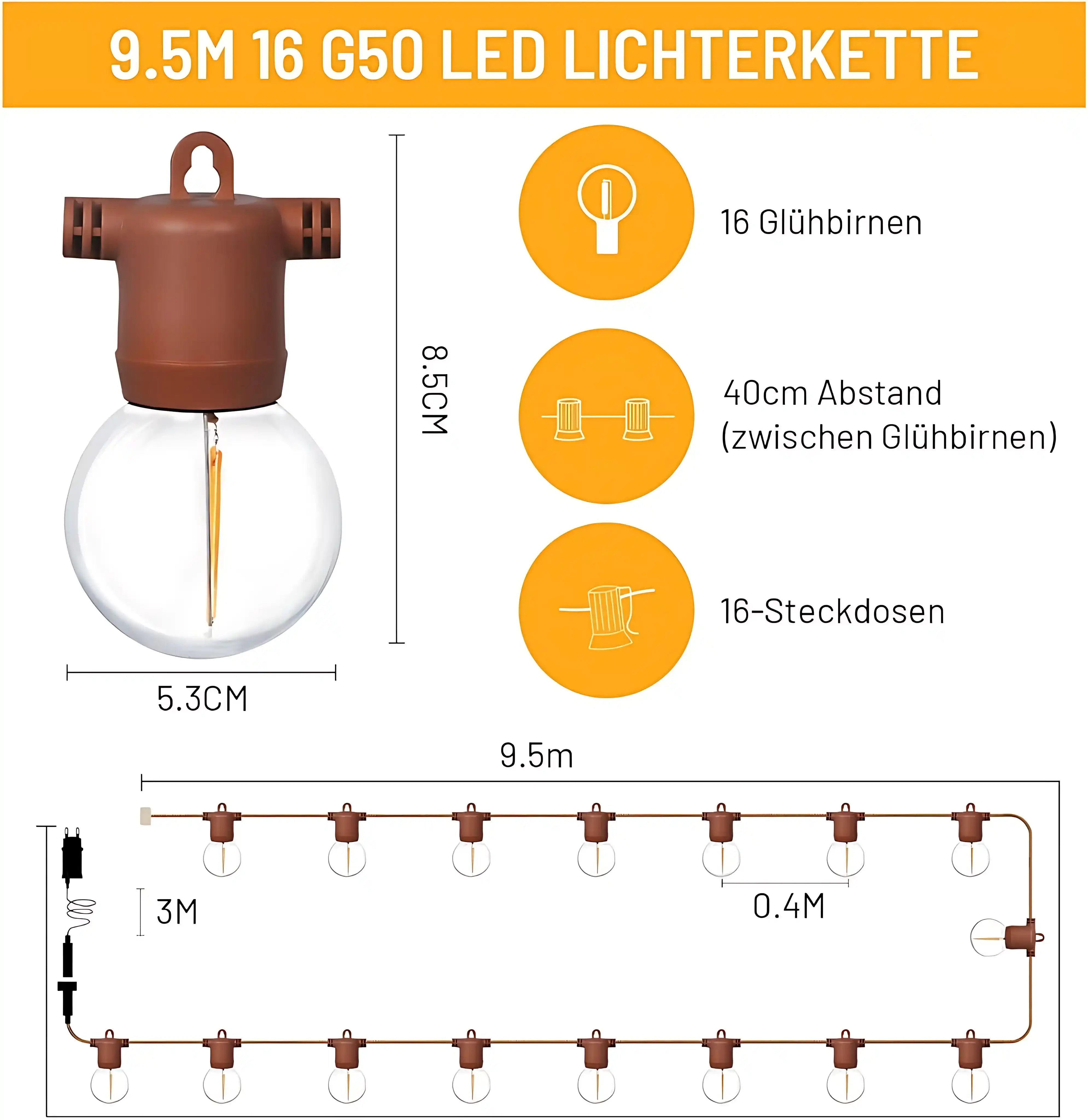16 LED G40 Lichterkette 3 Modi Außen 6.5m Warmweiß Timer Fernbedienung IP65 Wasserdicht