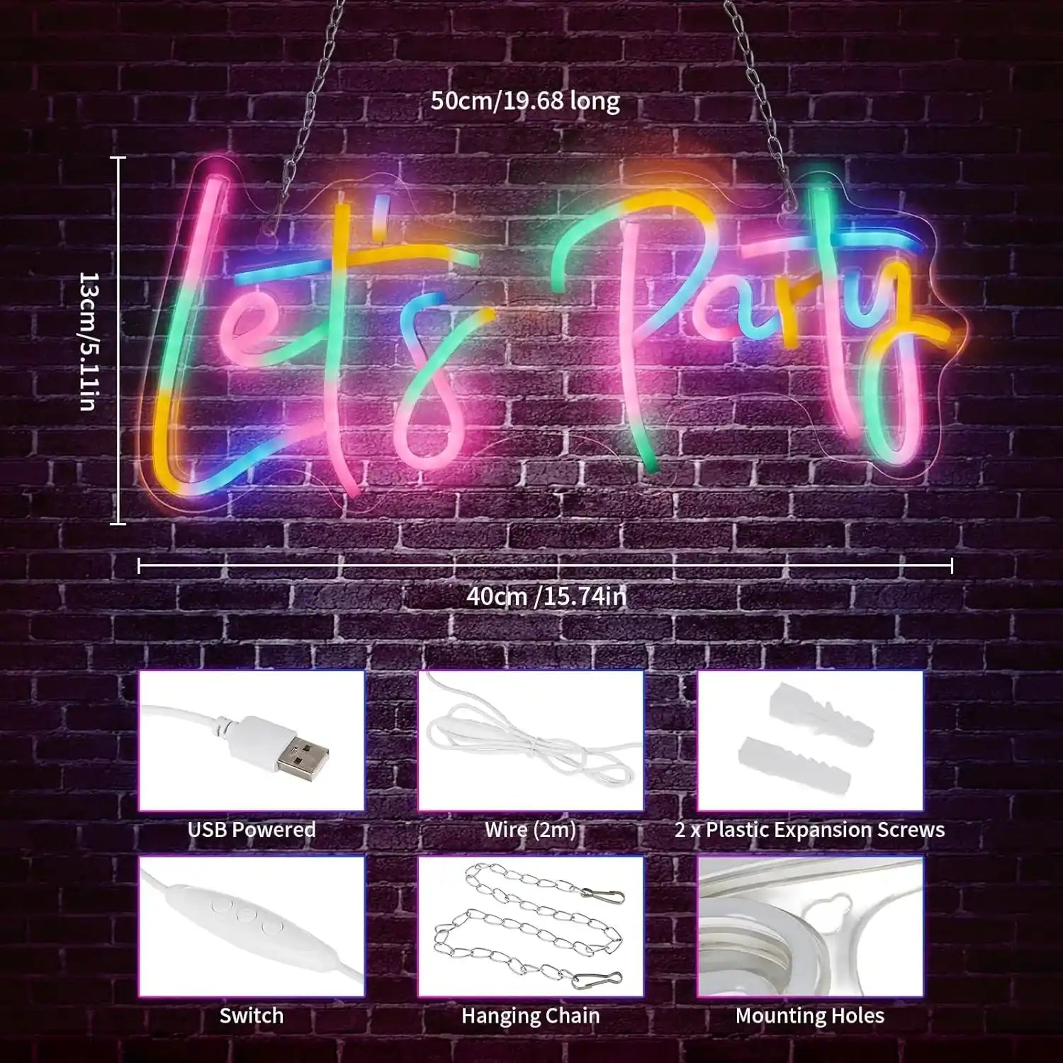 Let's Party Neon Schild LED Neonlicht USB-betrieben Bunt Deko für Bar Hochzeit Geburtstag