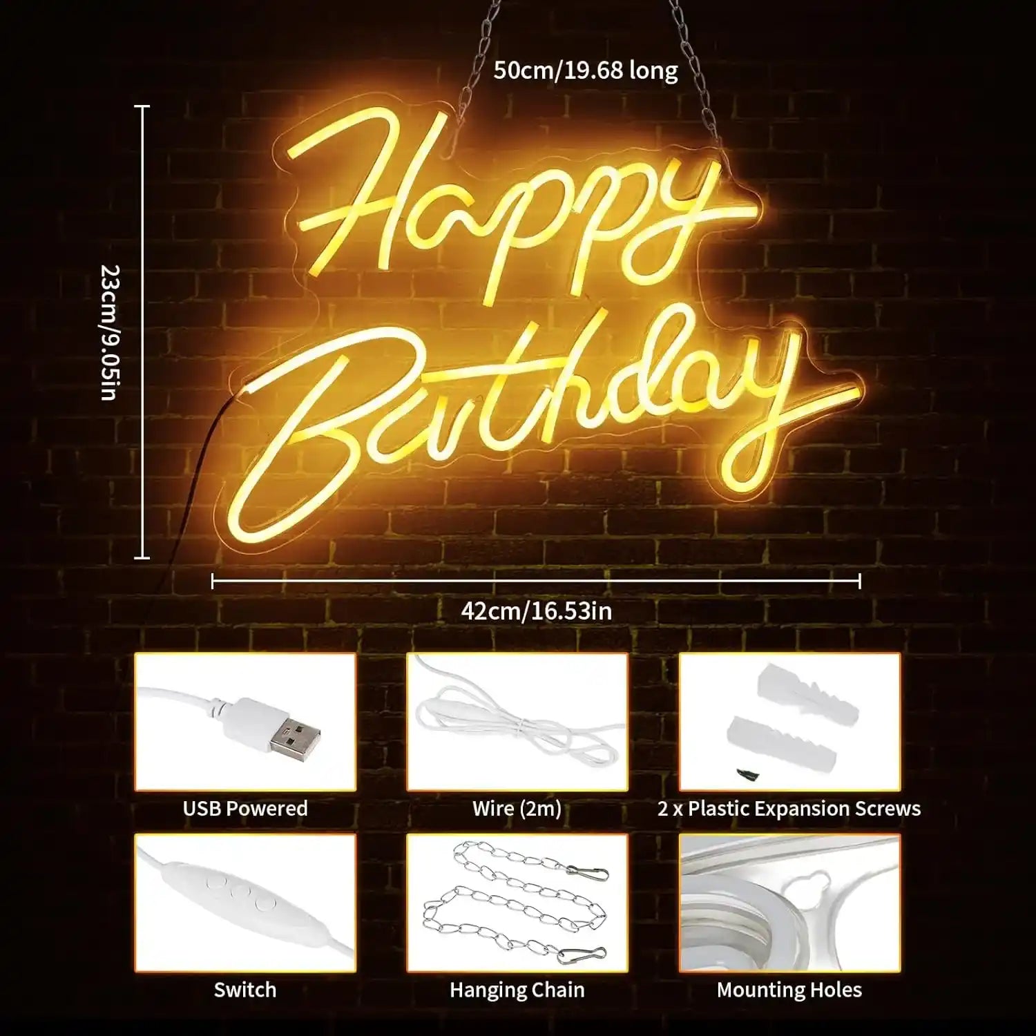 Happy Birthday Neon Schild Warmweiß LED Neonlicht USB-betrieben Deko für Geburtstag Bar Zimmer