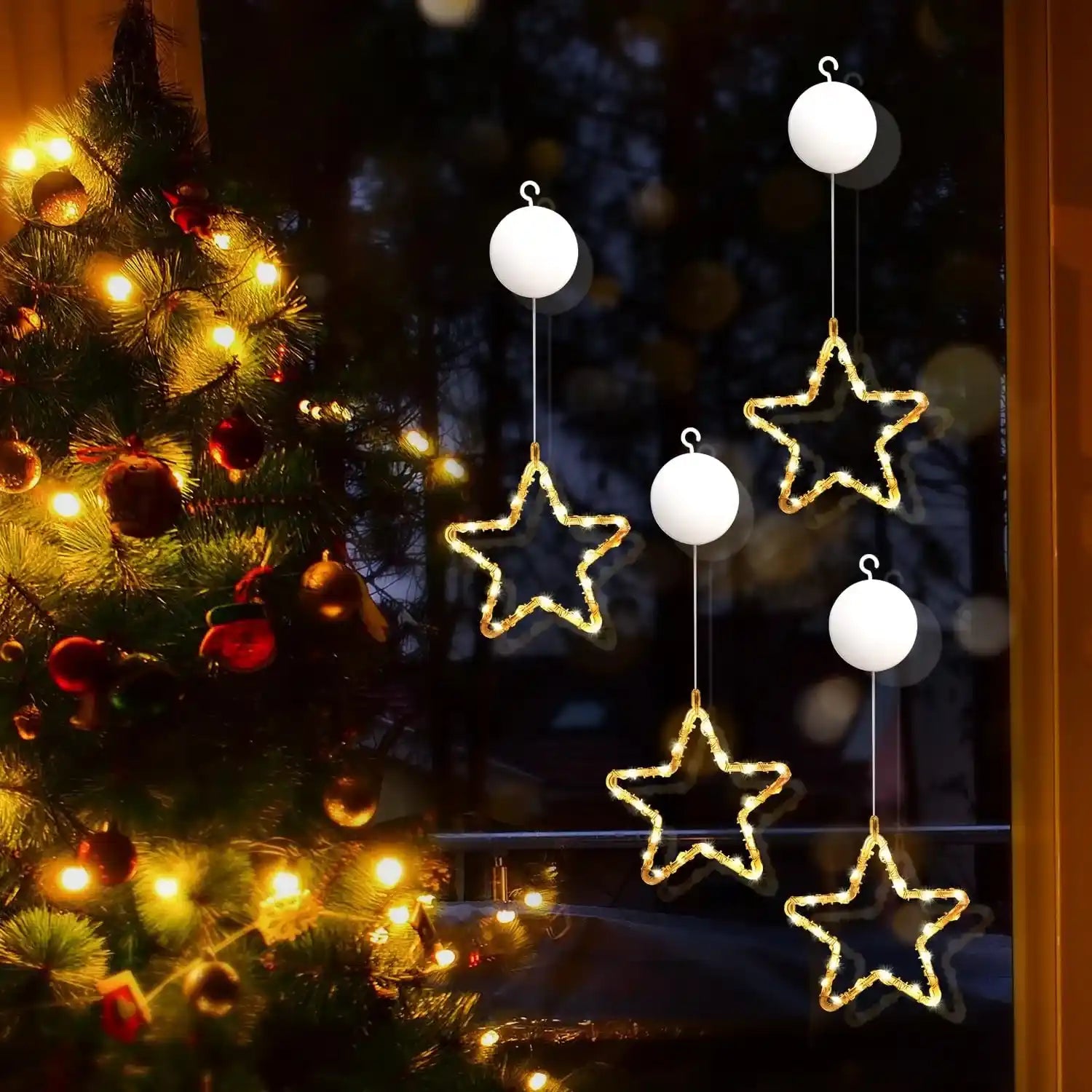 4er LED Sterne Lichtervorhang Batteriebetrieben Weihnachten Fensterdeko