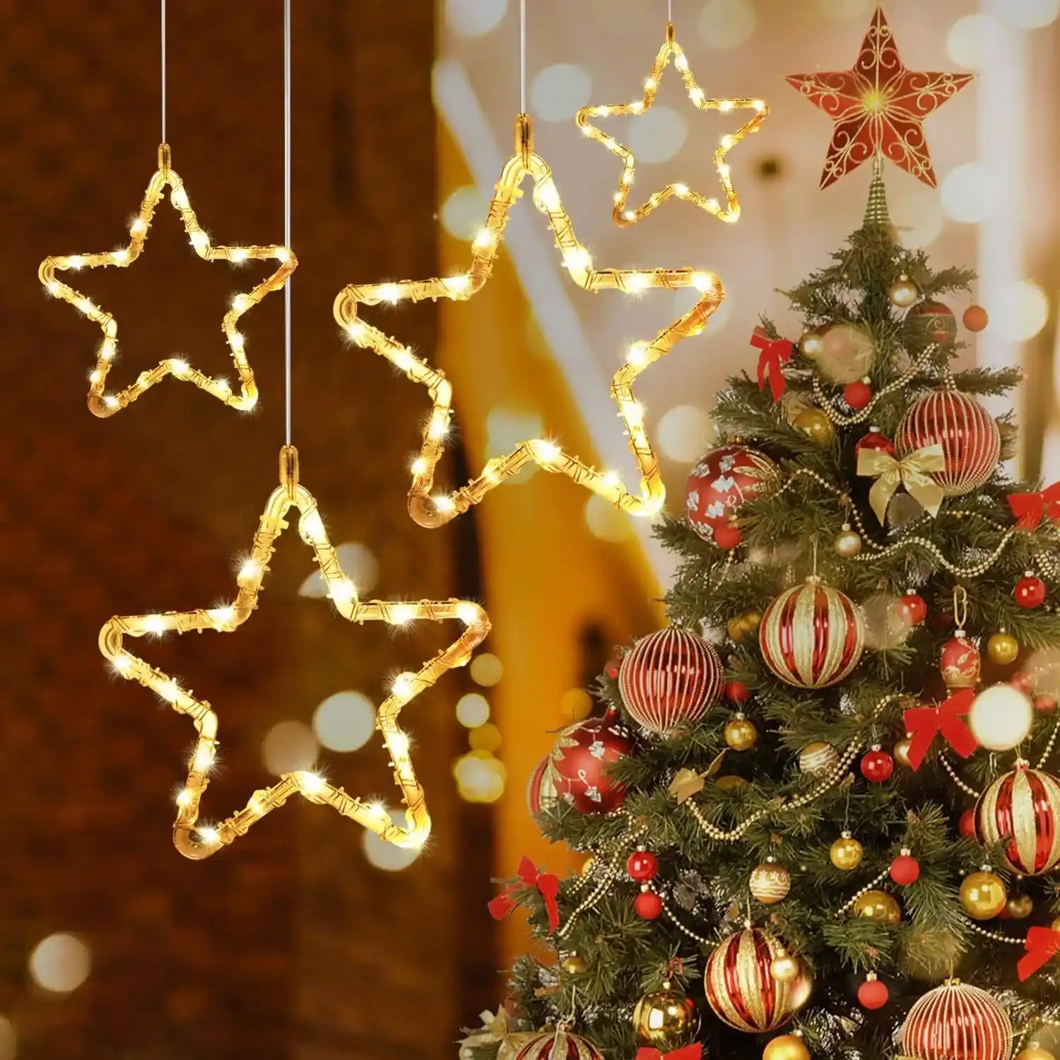4er LED Sterne Lichtervorhang Batteriebetrieben Weihnachten Fensterdeko