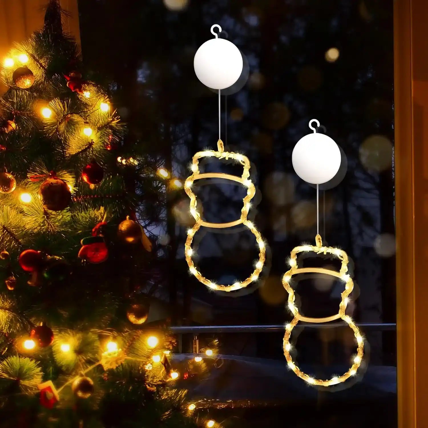 2er LED Schneemann Lichtervorhang Batteriebetrieben Weihnachten Fensterdeko