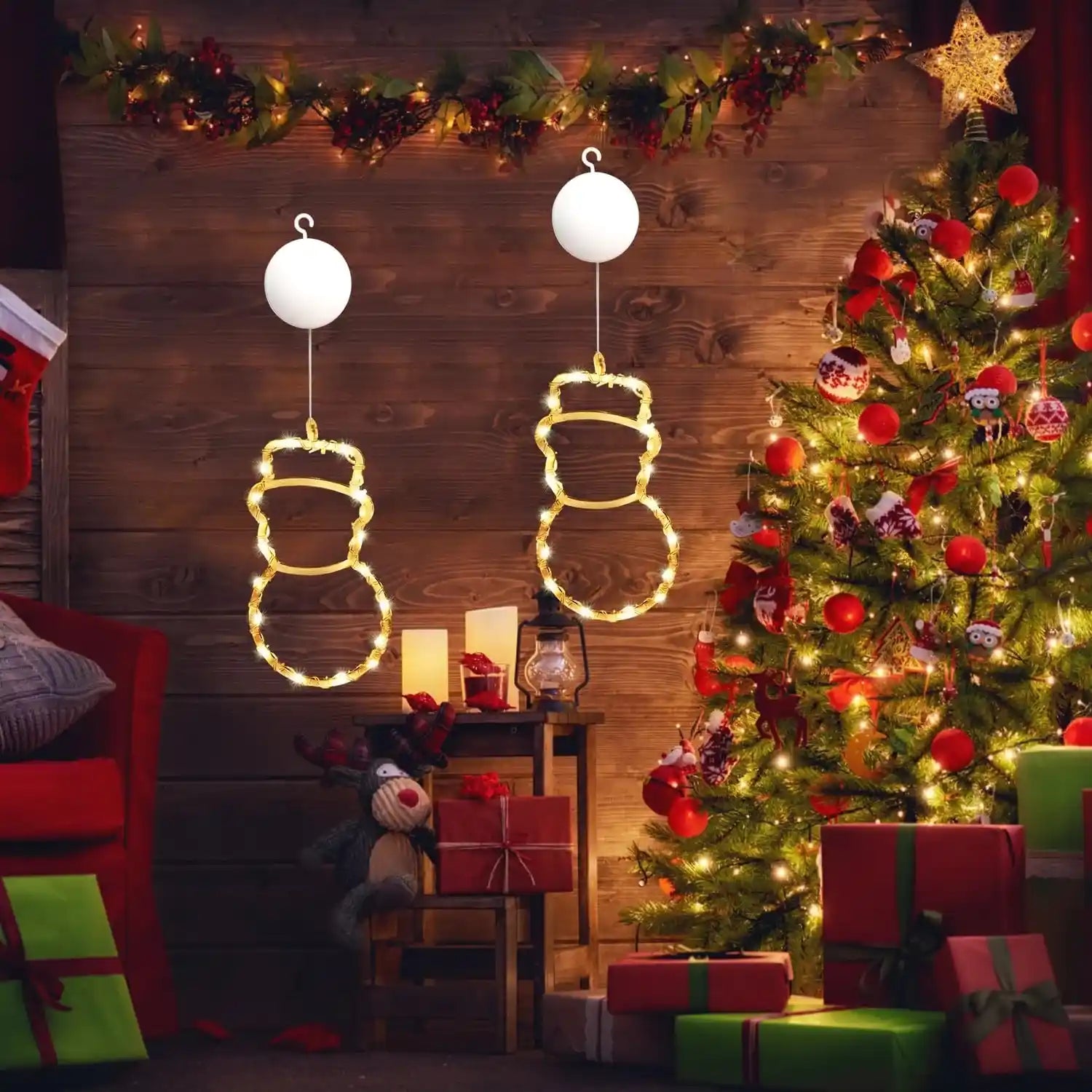 2er LED Schneemann Lichtervorhang Batteriebetrieben Weihnachten Fensterdeko