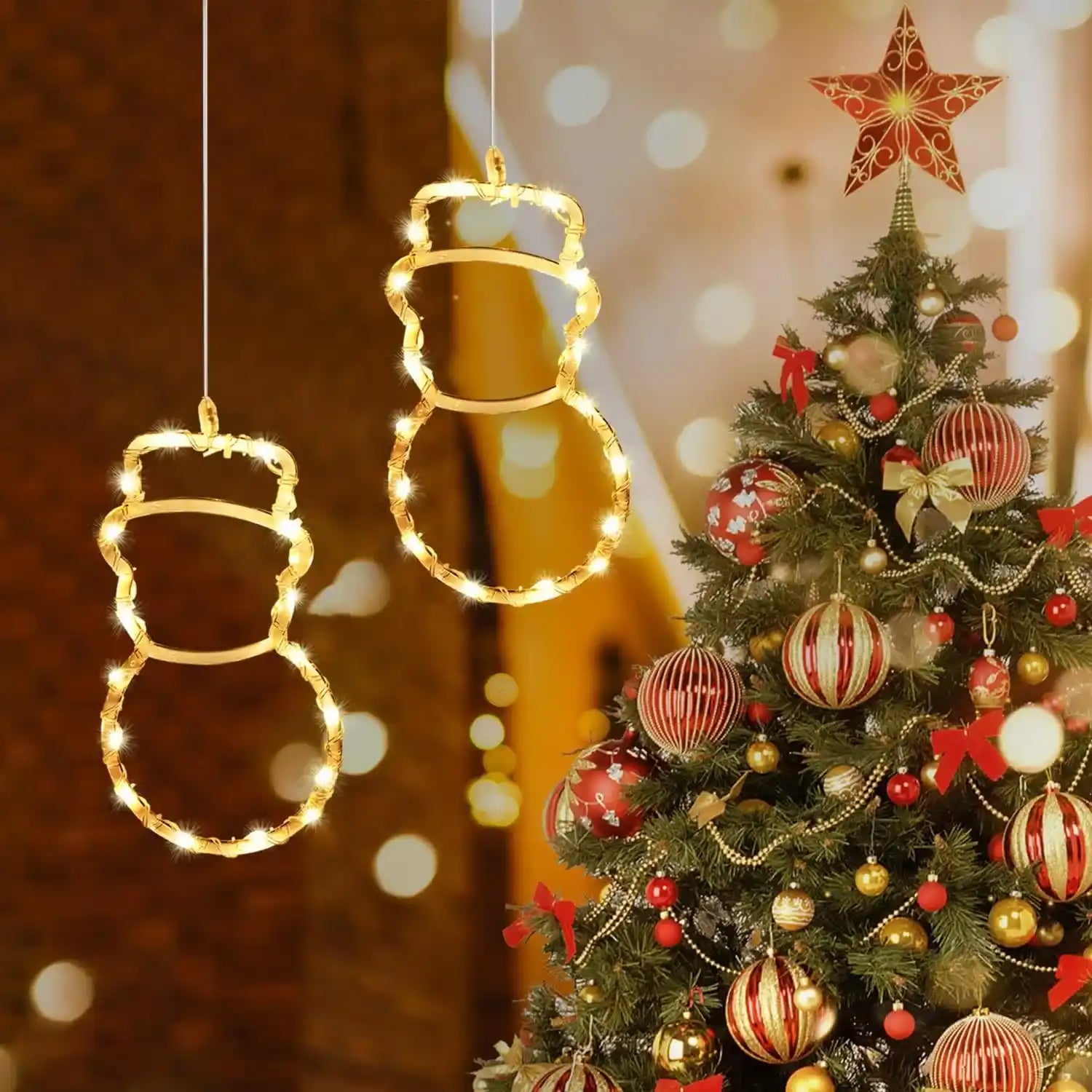 2er LED Schneemann Lichtervorhang Batteriebetrieben Weihnachten Fensterdeko
