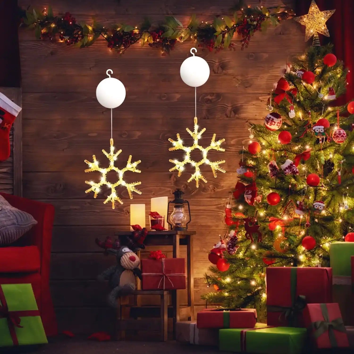 2er LED Schneeflocke Lichtervorhang Batteriebetrieben Weihnachten Fensterdeko