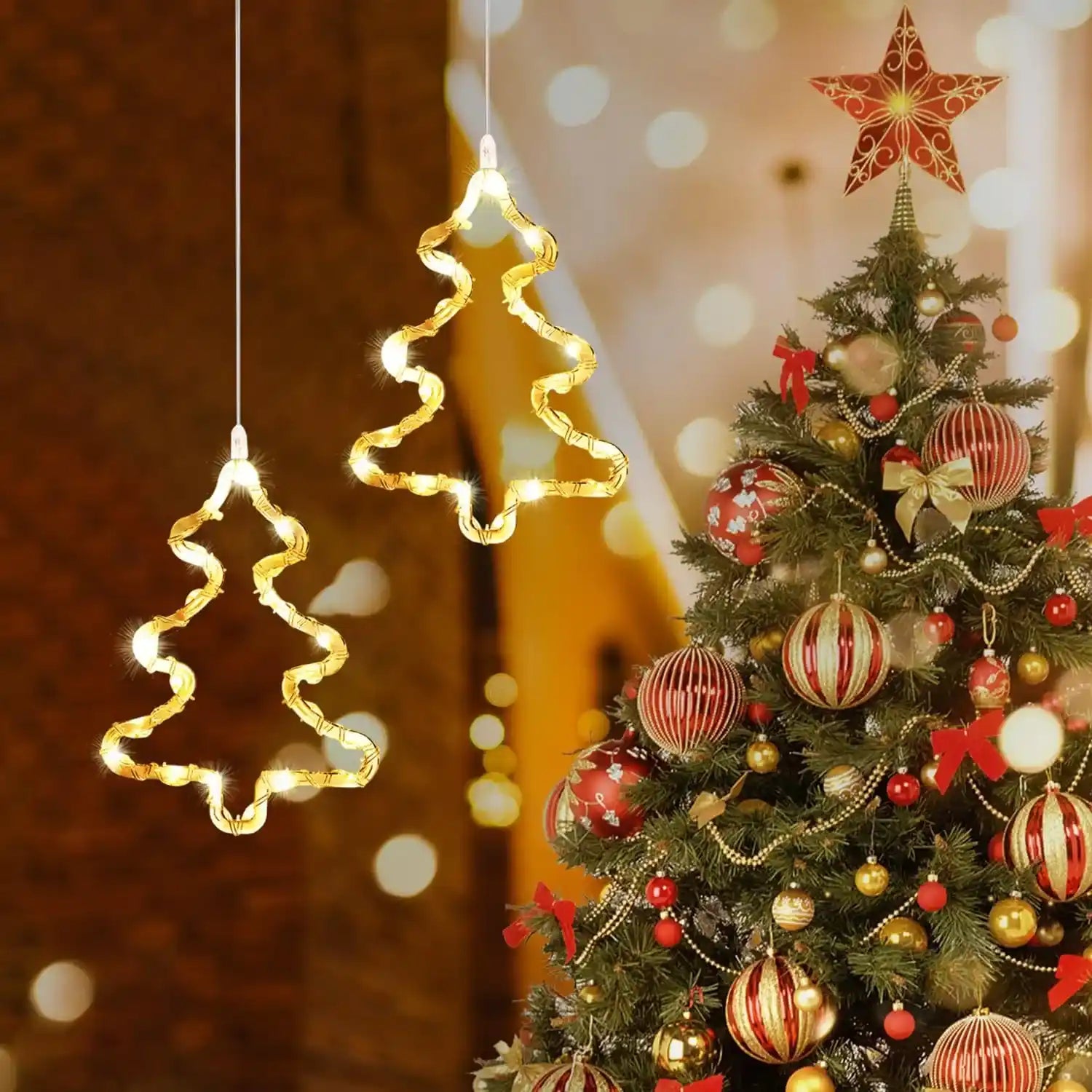 2er LED Weihnachtsbaum Lichtervorhang Batteriebetrieben Weihnachten Fensterdeko