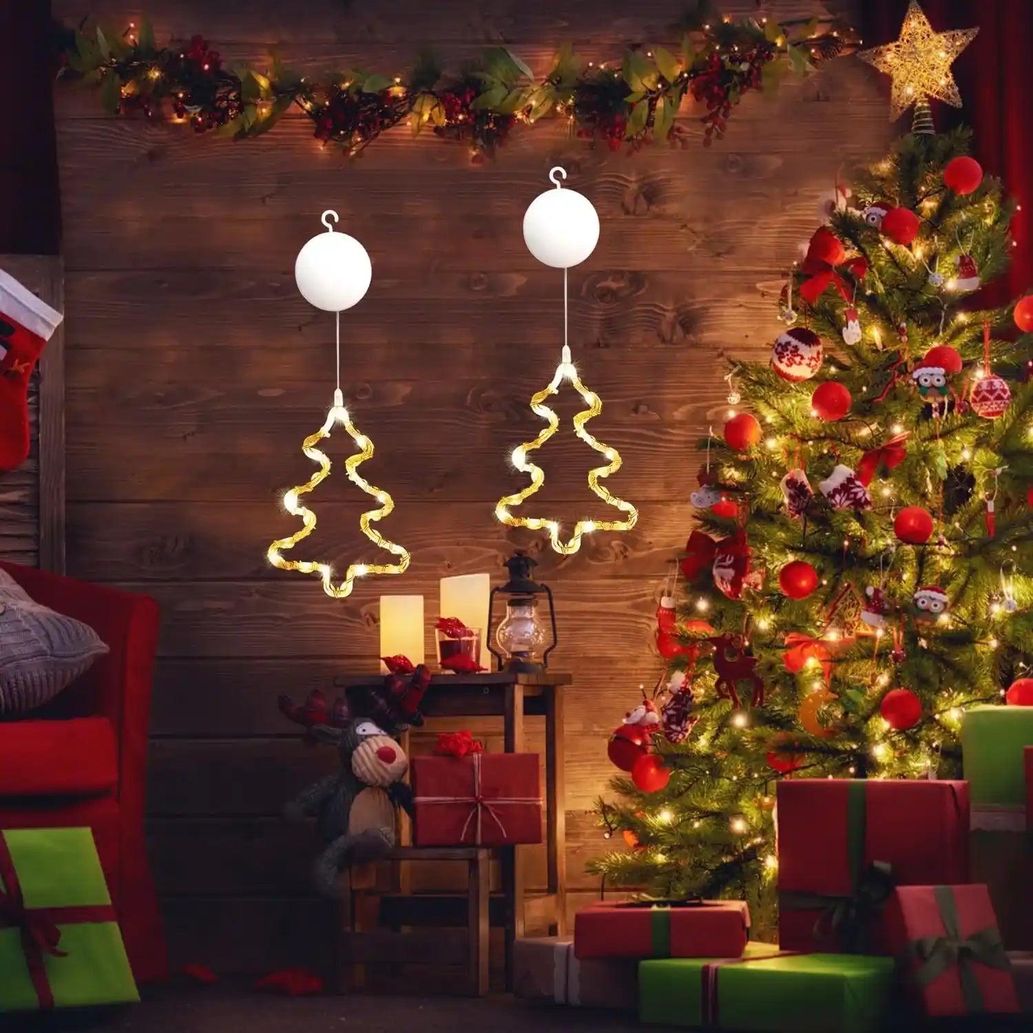 2er LED Weihnachtsbaum Lichtervorhang Batteriebetrieben Weihnachten Fensterdeko