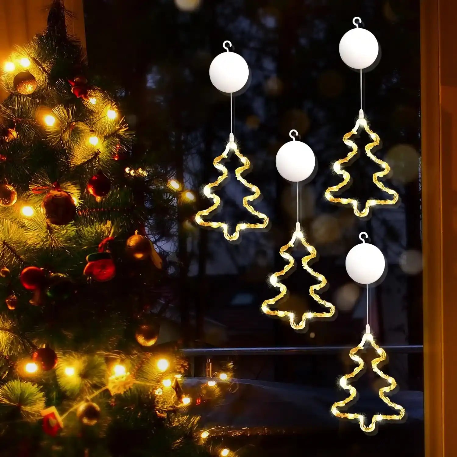 4er LED Weihnachtsbaum Lichtervorhang Batteriebetrieben Weihnachten Fensterdeko
