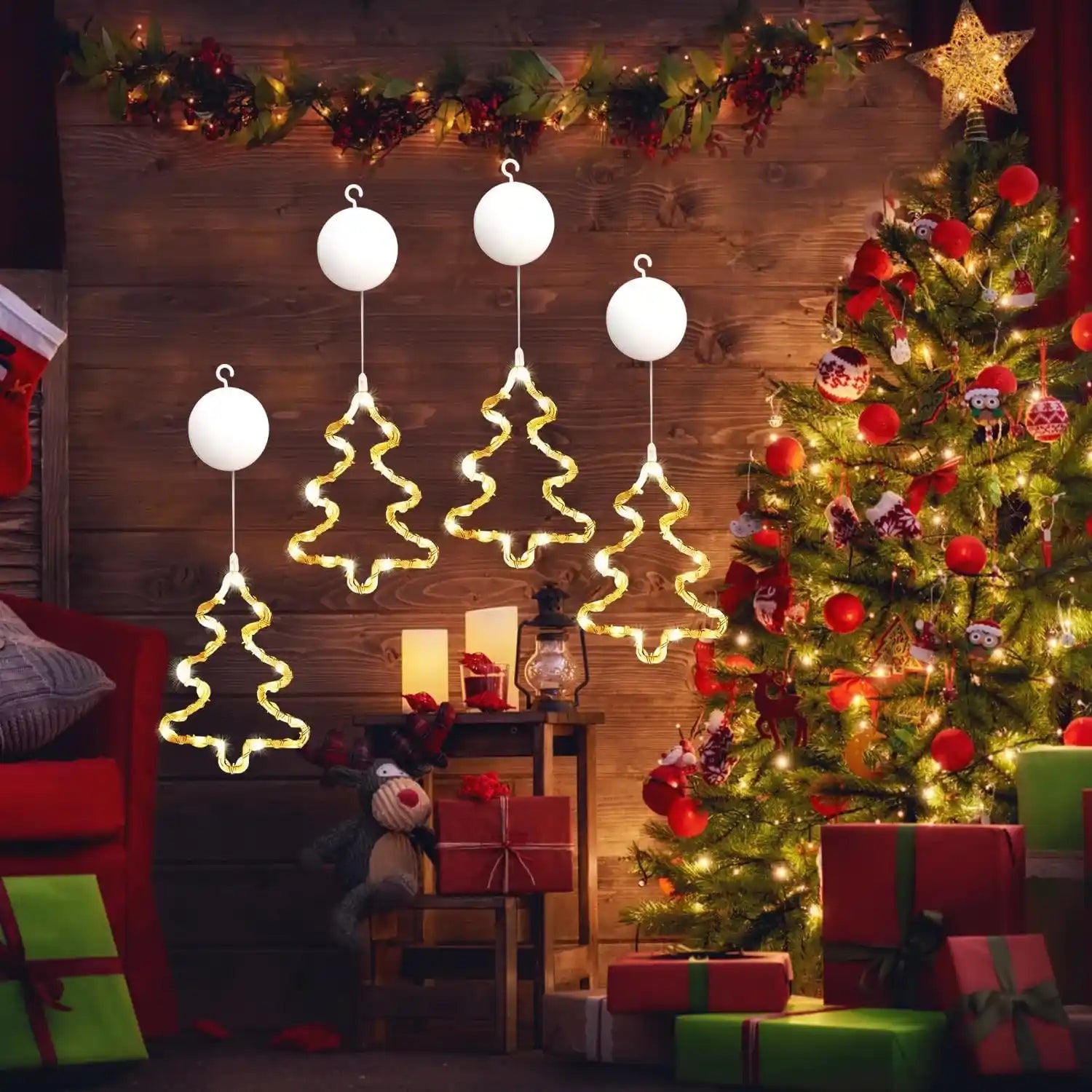 4er LED Weihnachtsbaum Lichtervorhang Batteriebetrieben Weihnachten Fensterdeko