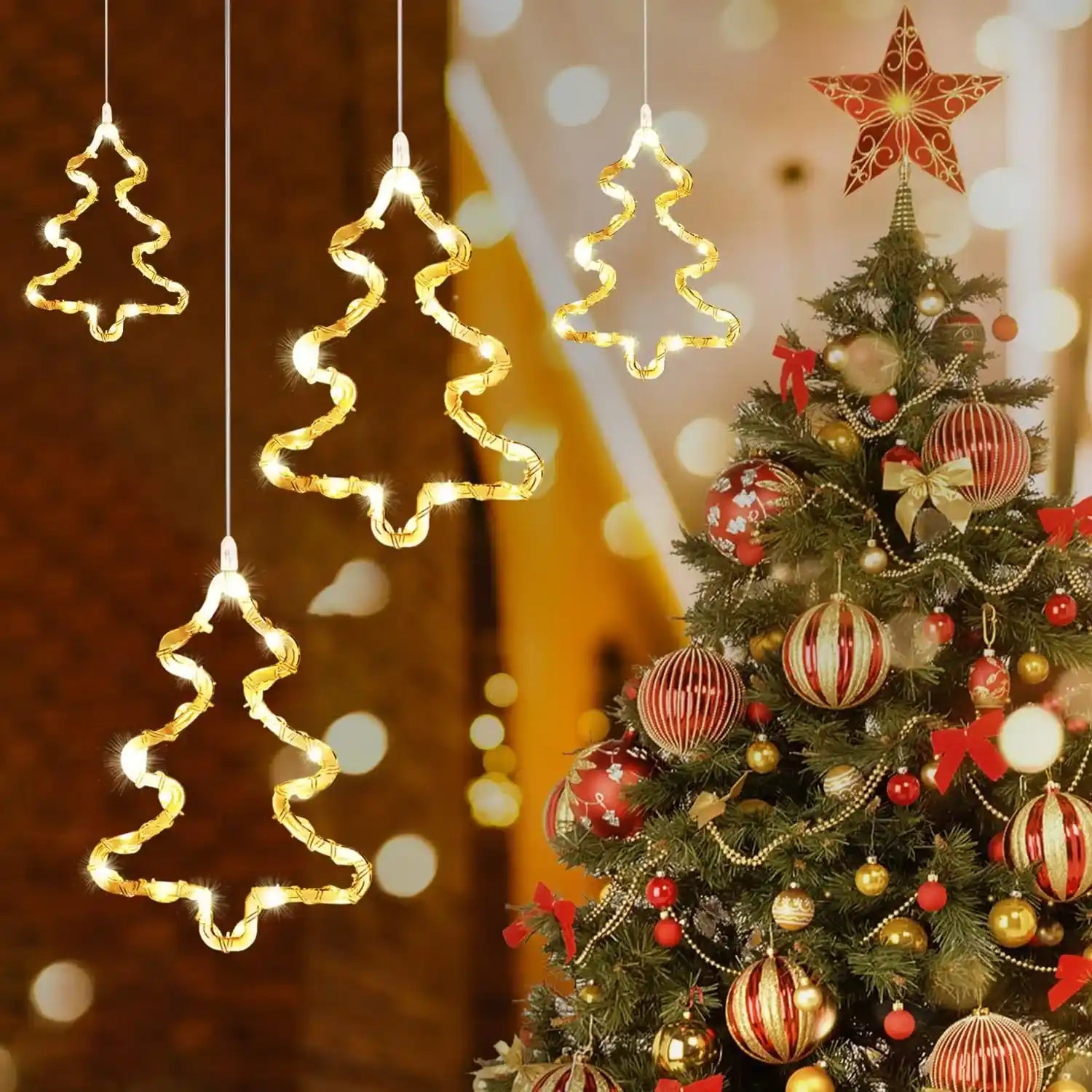 4er LED Weihnachtsbaum Lichtervorhang Batteriebetrieben Weihnachten Fensterdeko