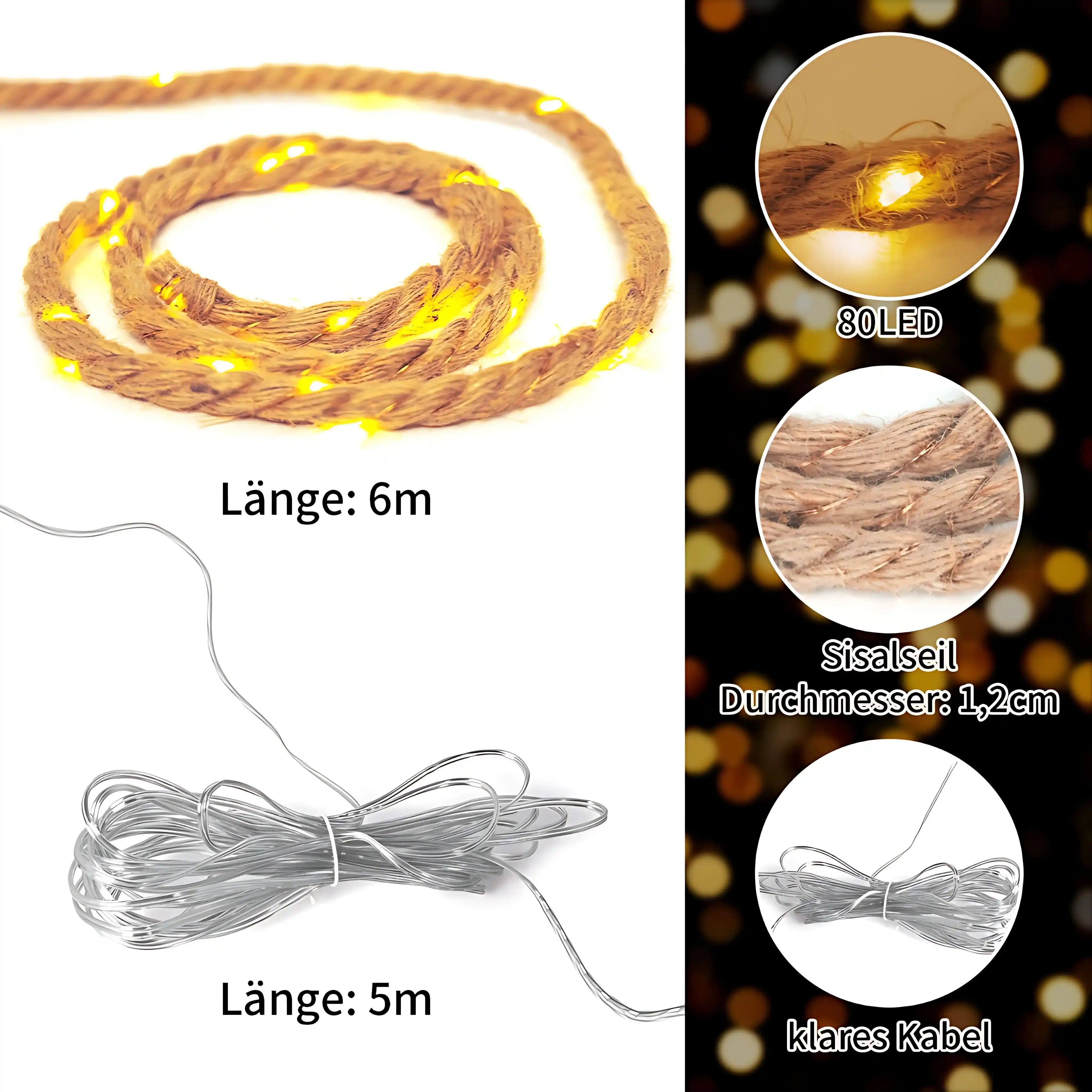 80 LED 6m Lichterkette mit Stecker Timer Juteseil Warmweiß