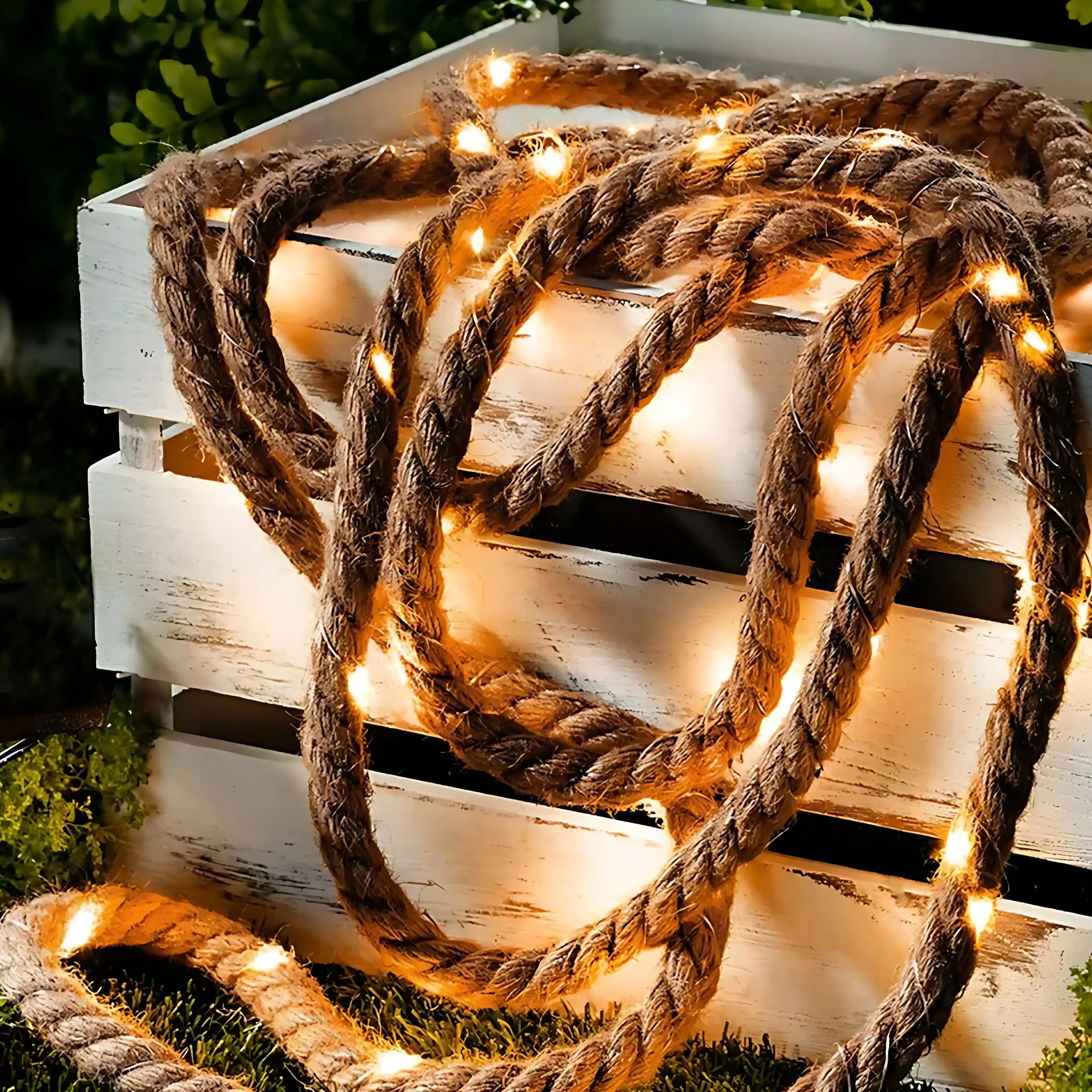 90 LED 8m Juteseil Lichterkette Naturfasern Warmweiß
