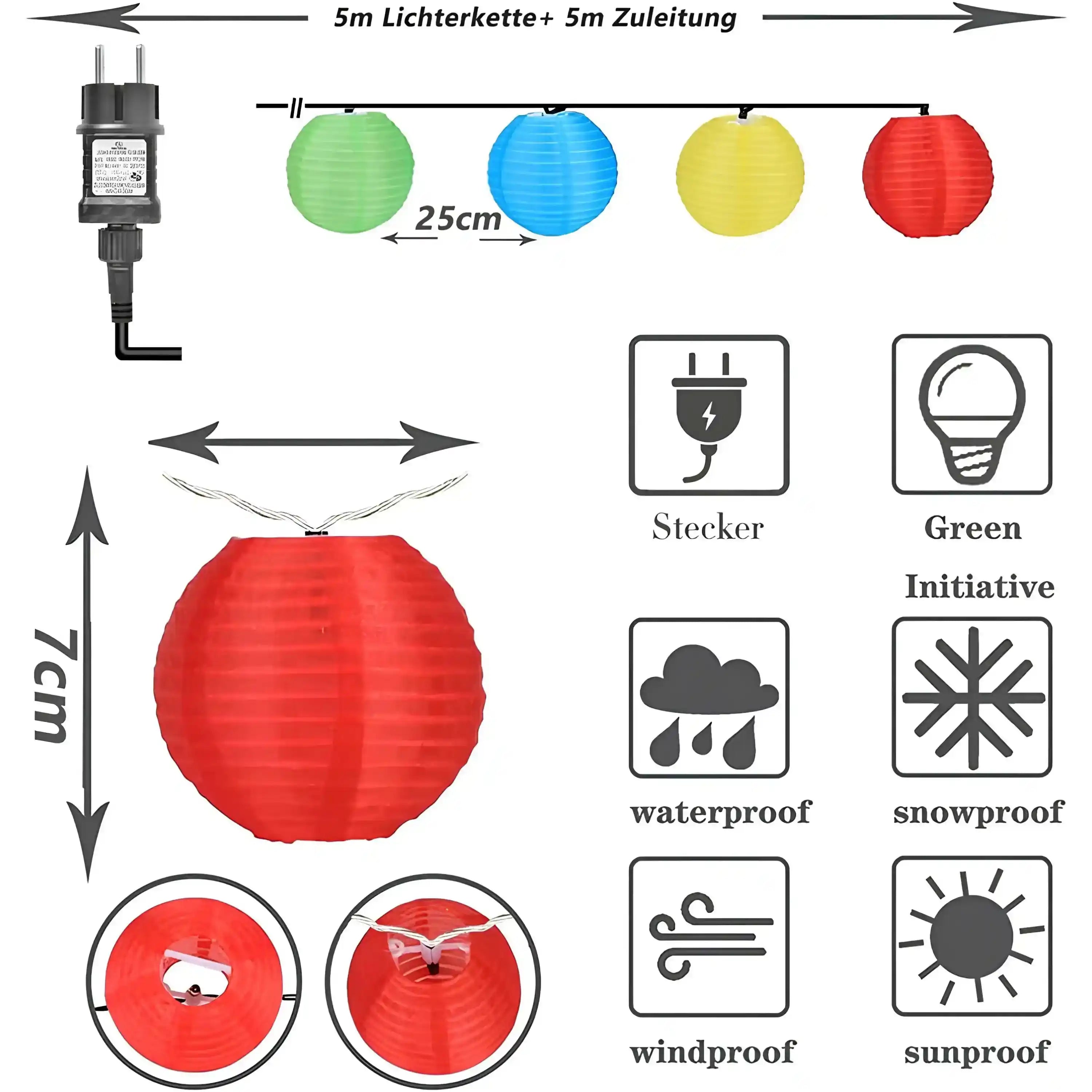 Warmweiß 20 LED Lampion Lichterkette Netzanschluss für Garten Weihnachten Party Innen Außen