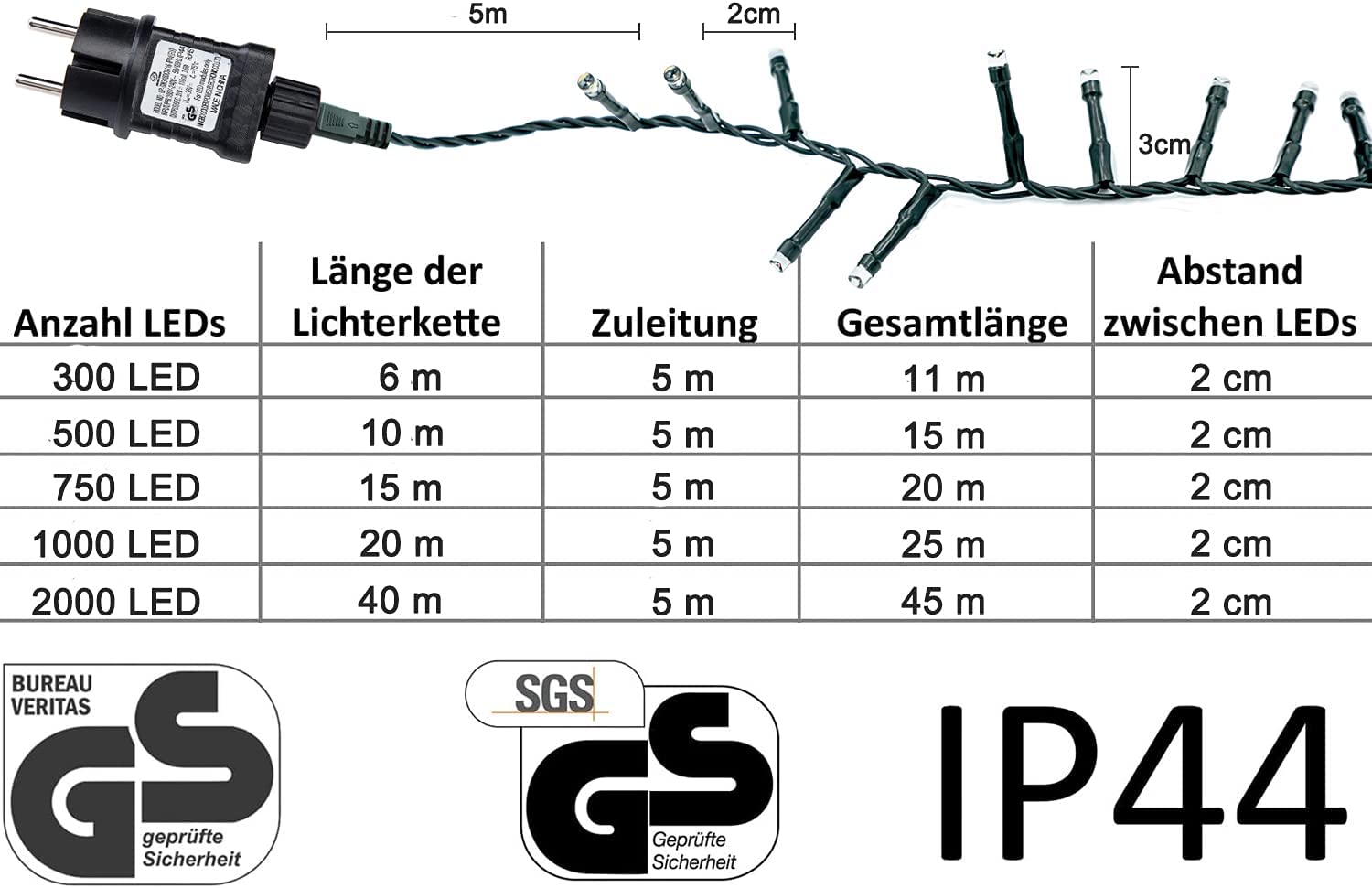 gresonic-Led-Cluster-6m lang-Lichterkette-Strombetrieb Deko für Innen Außen Garten Weihnachtsbaum Hochzeit