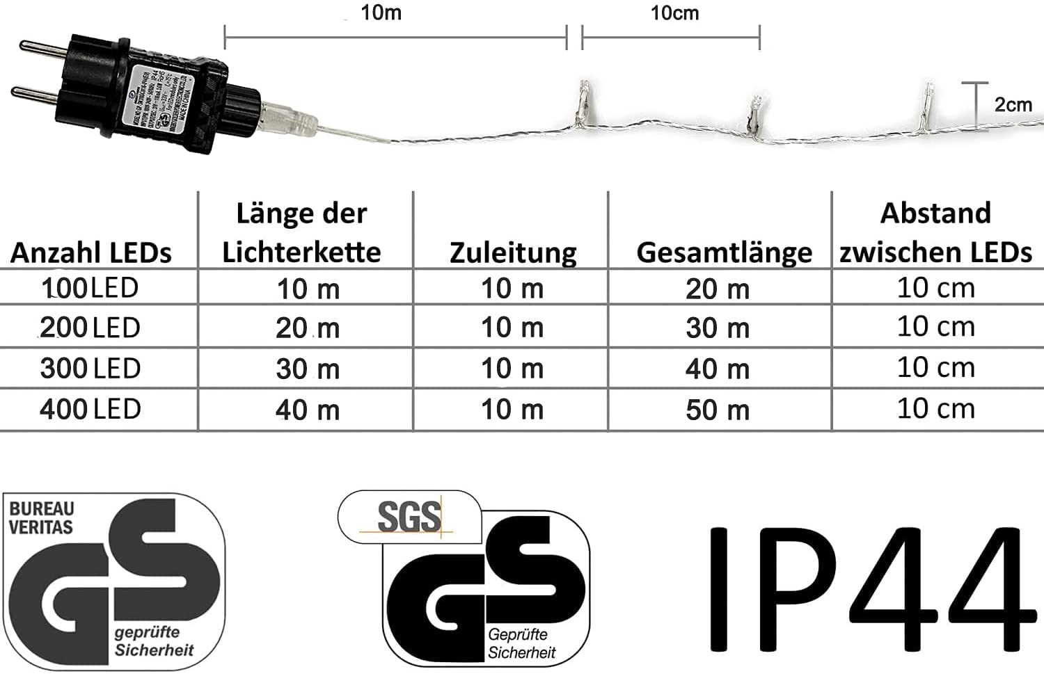 100/200/300/400er Led Lichterkette Strombetrieben mit Stecker Außen und Innen für Garten Hochzeit Weihnachten Party Warmweiß Gresonic