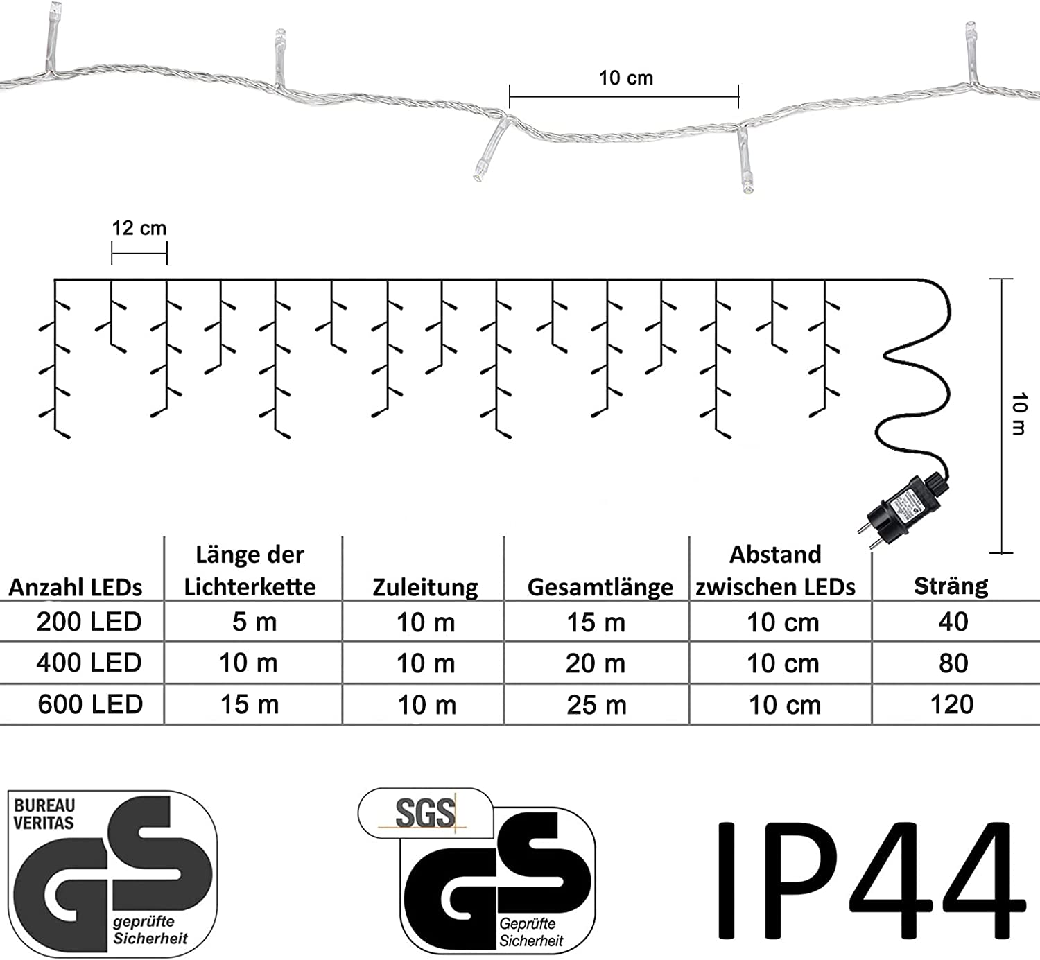 Gresonic 600er LED 15m Eisregen Lichterkette Lichtervorhang Eiszapfen Außen Innen Deko für Garten Party Hochzeit Strombetrieben mit Stecker